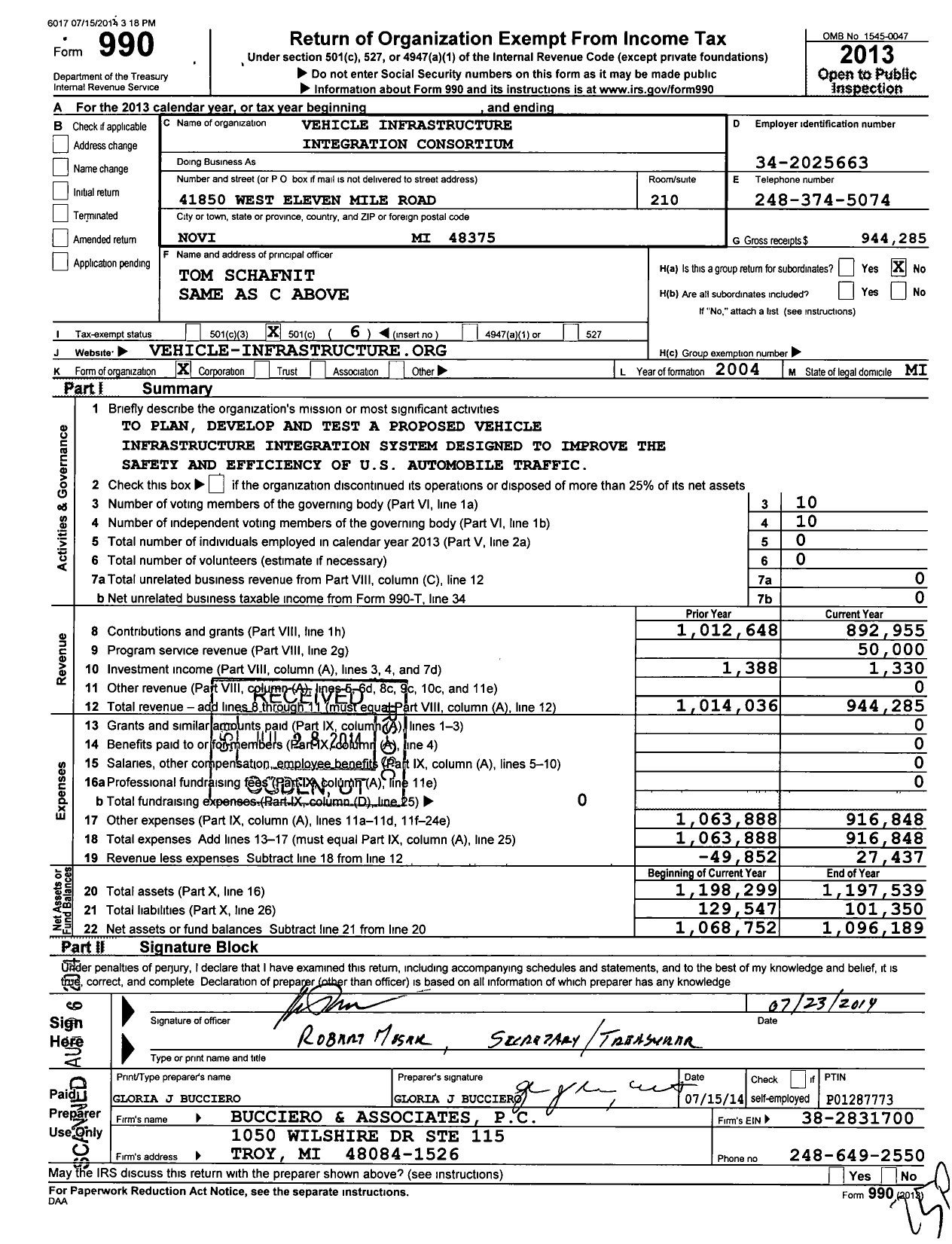 Image of first page of 2013 Form 990O for Vehicle Infrastructure Integration Consortium
