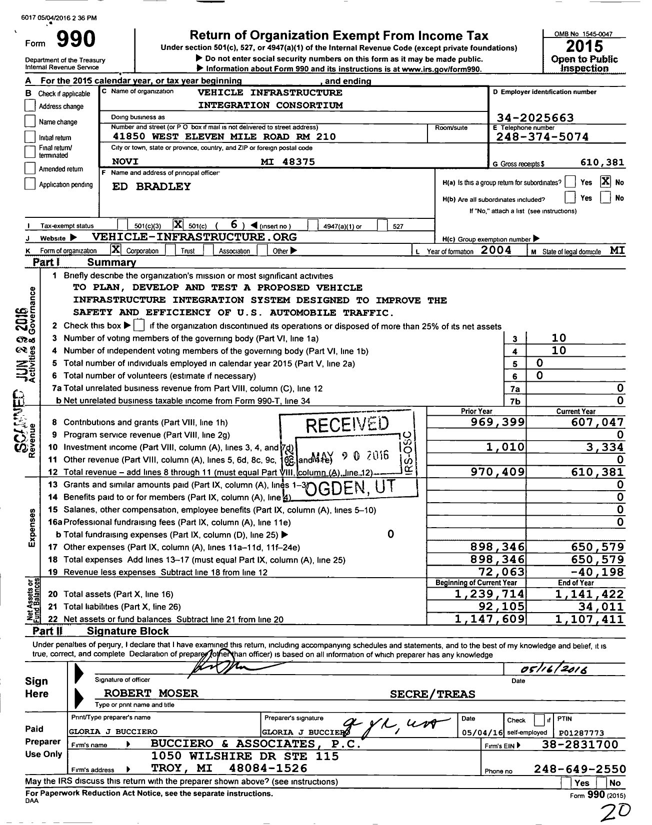 Image of first page of 2015 Form 990O for Vehicle Infrastructure Integration Consortium