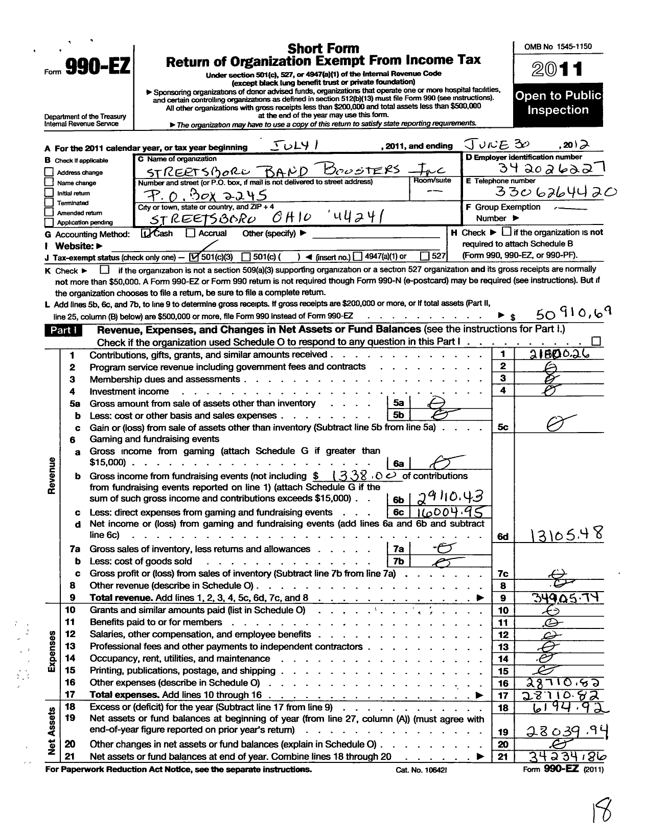 Image of first page of 2011 Form 990EZ for Streetsboro Band Boosters