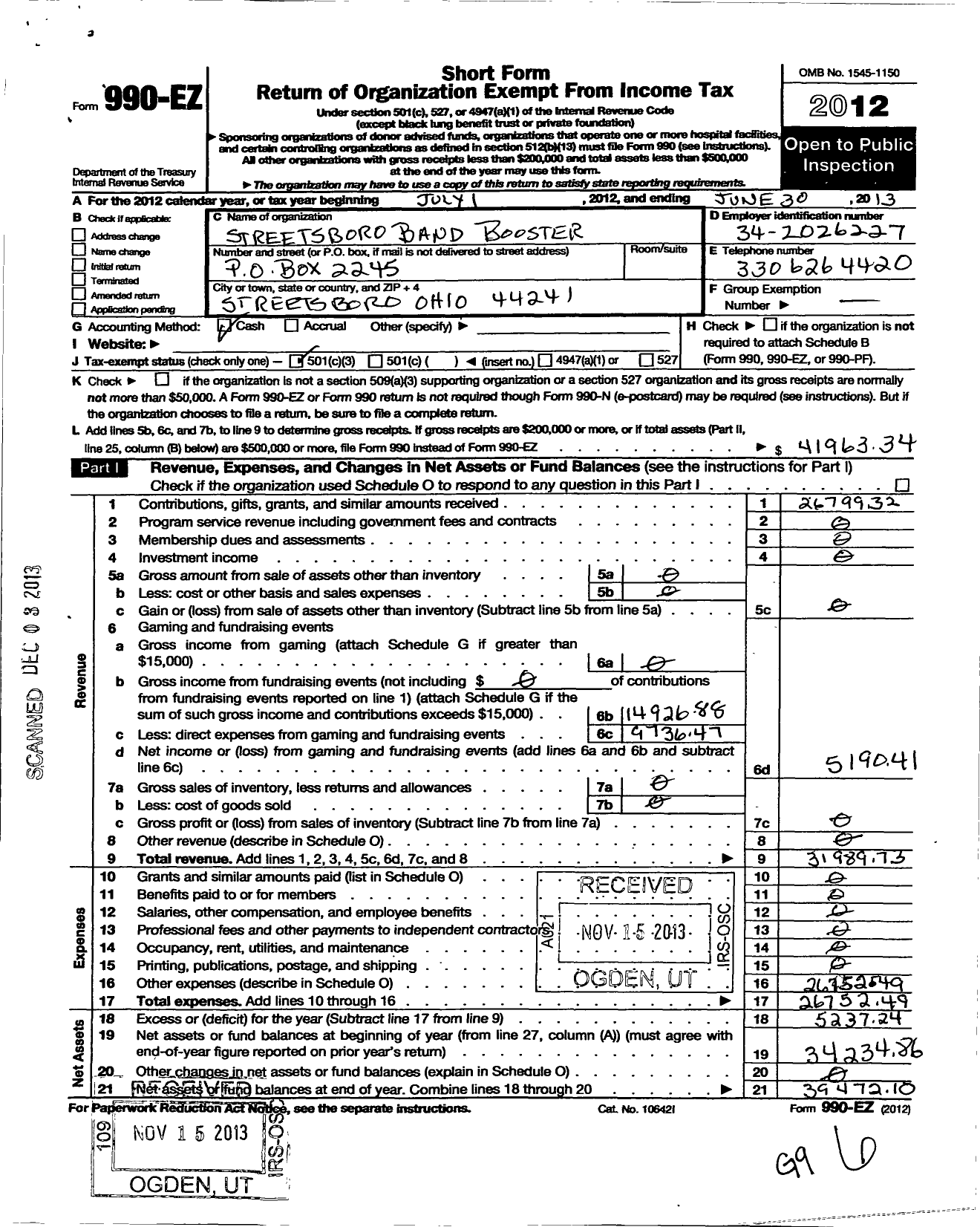 Image of first page of 2012 Form 990EZ for Streetsboro Band Boosters