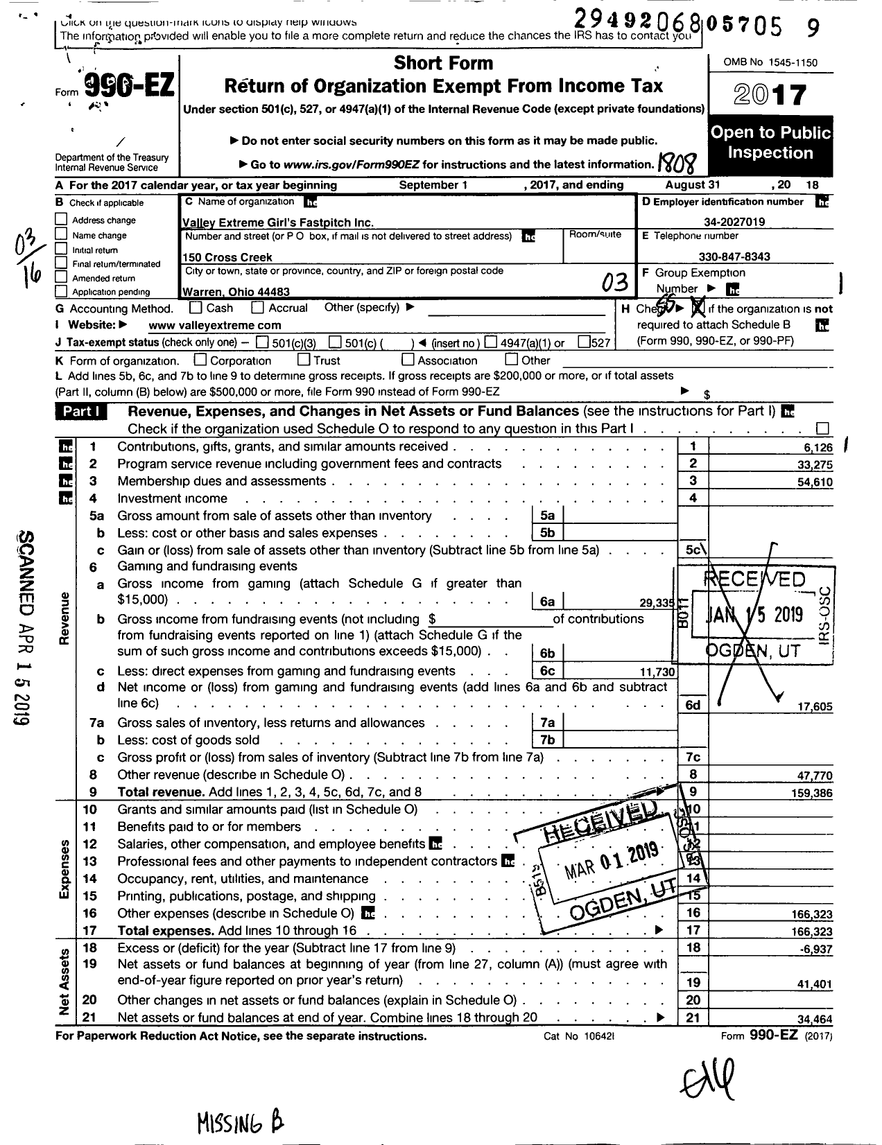 Image of first page of 2017 Form 990EZ for Valley Extreme Girls Fastpitch Pitch