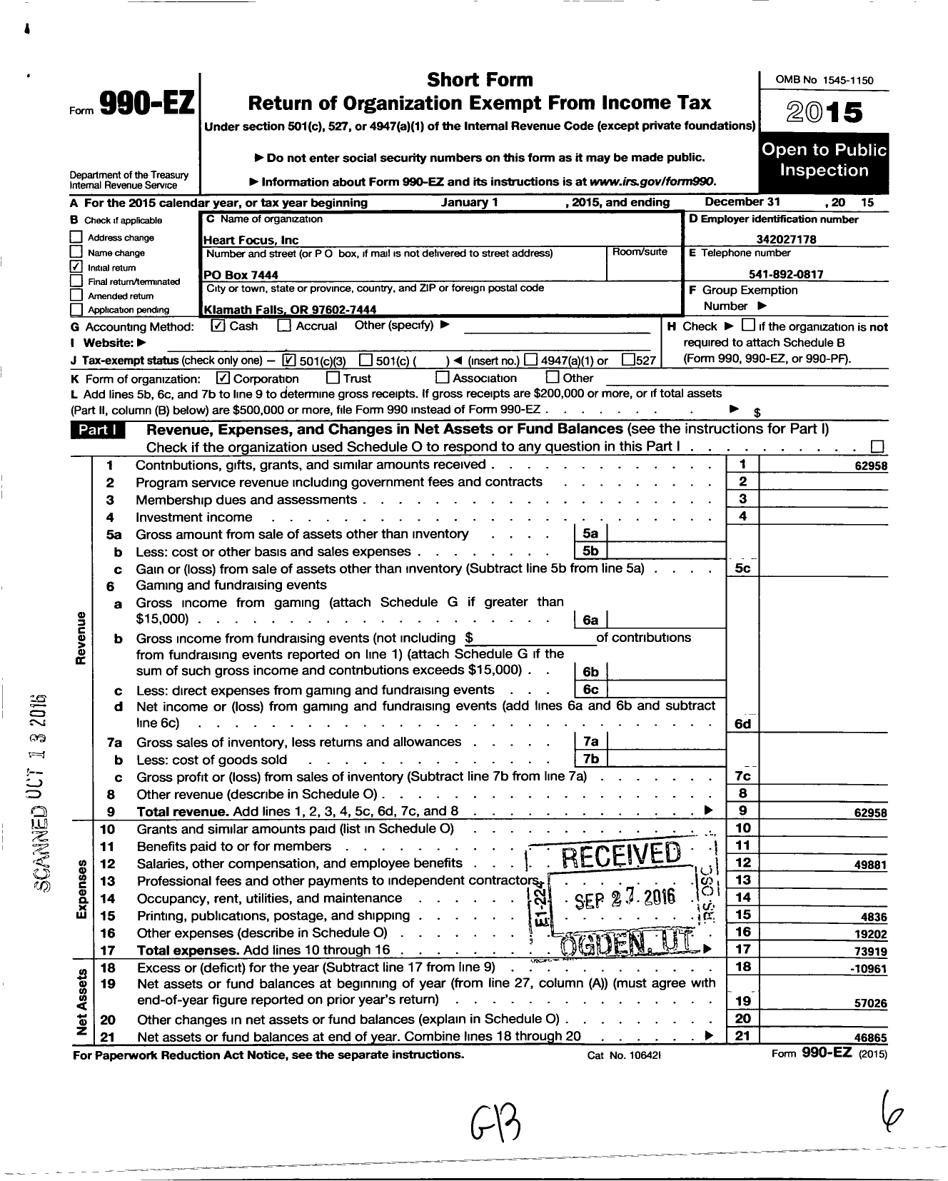 Image of first page of 2015 Form 990EZ for Heart Focus