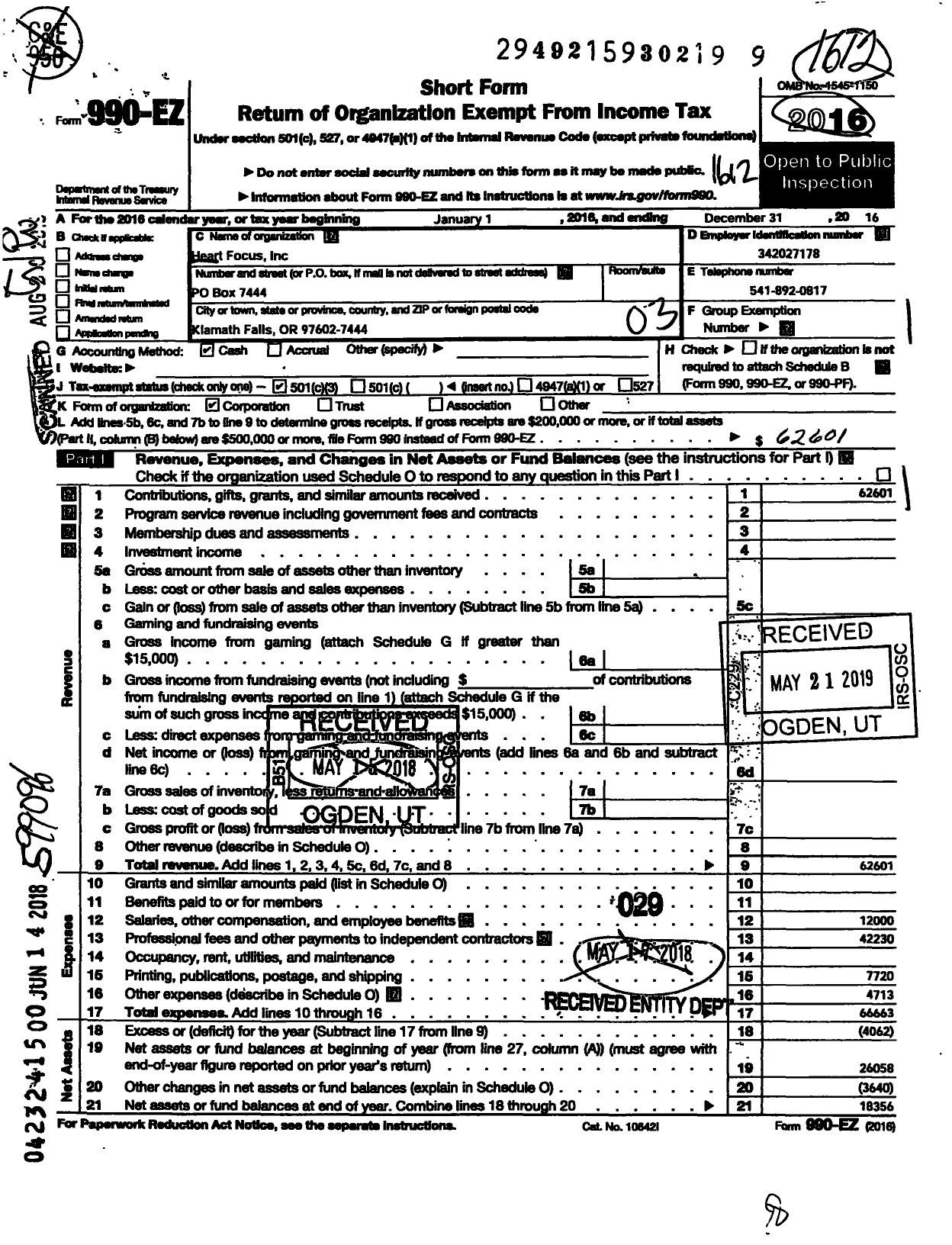 Image of first page of 2016 Form 990EZ for Heart Focus