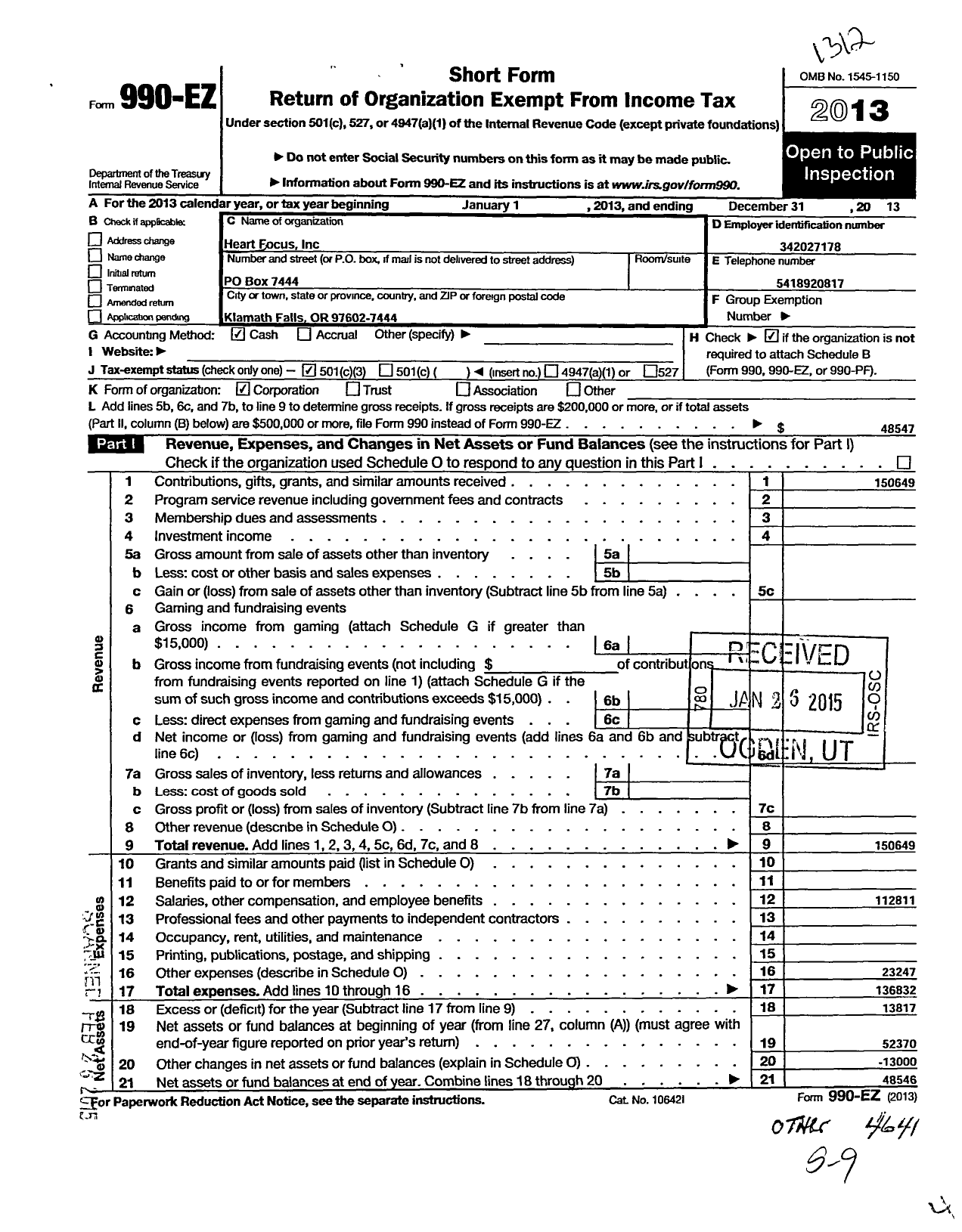 Image of first page of 2013 Form 990EZ for Heart Focus