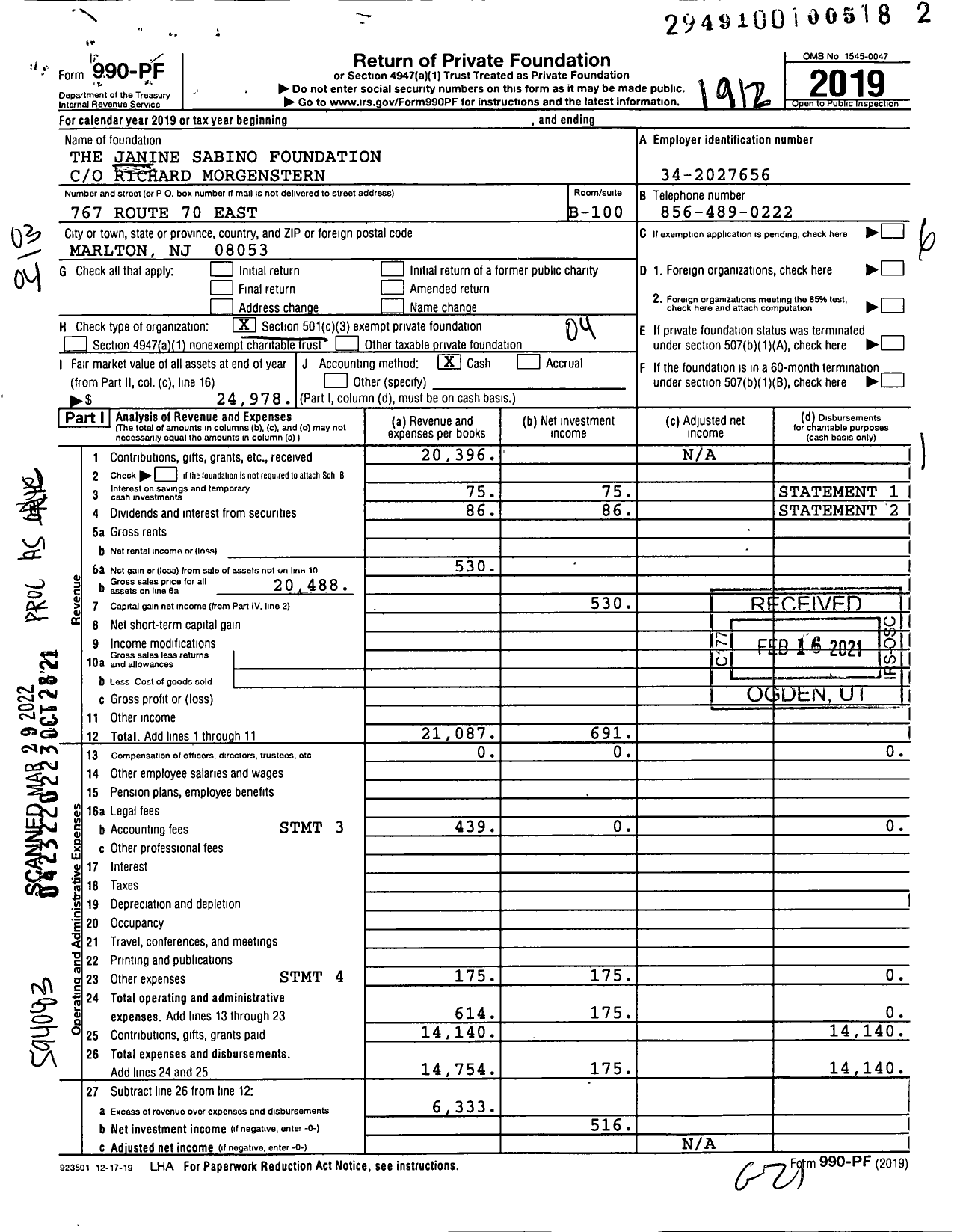 Image of first page of 2019 Form 990PF for The Janine Sabino Foundation