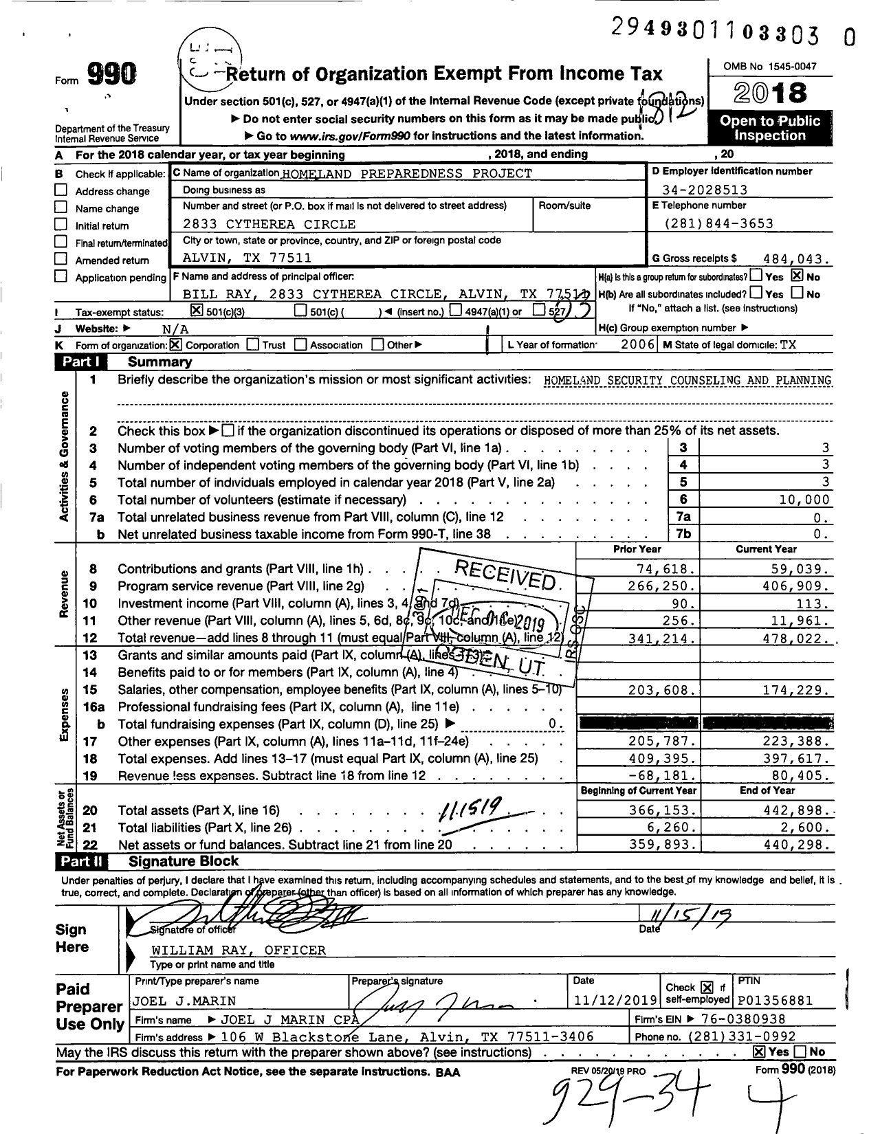 Image of first page of 2018 Form 990 for Homeland Preparedness Project