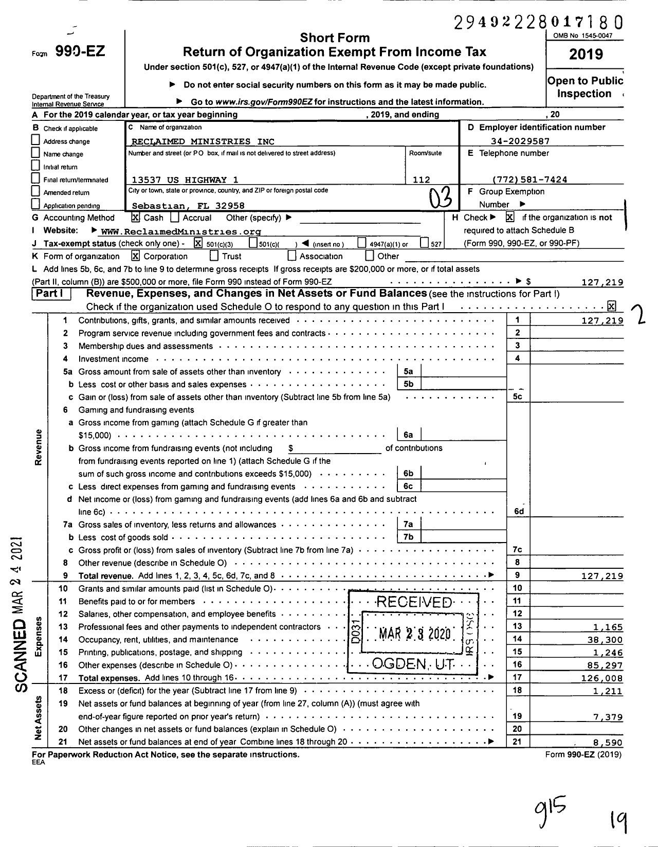 Image of first page of 2019 Form 990EZ for Reclaimed Ministries