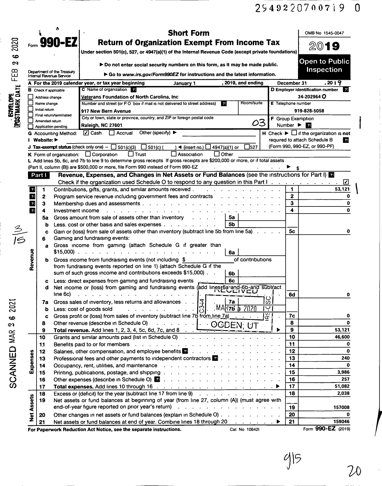 Image of first page of 2019 Form 990EZ for Veterans Foundation of North Carolina