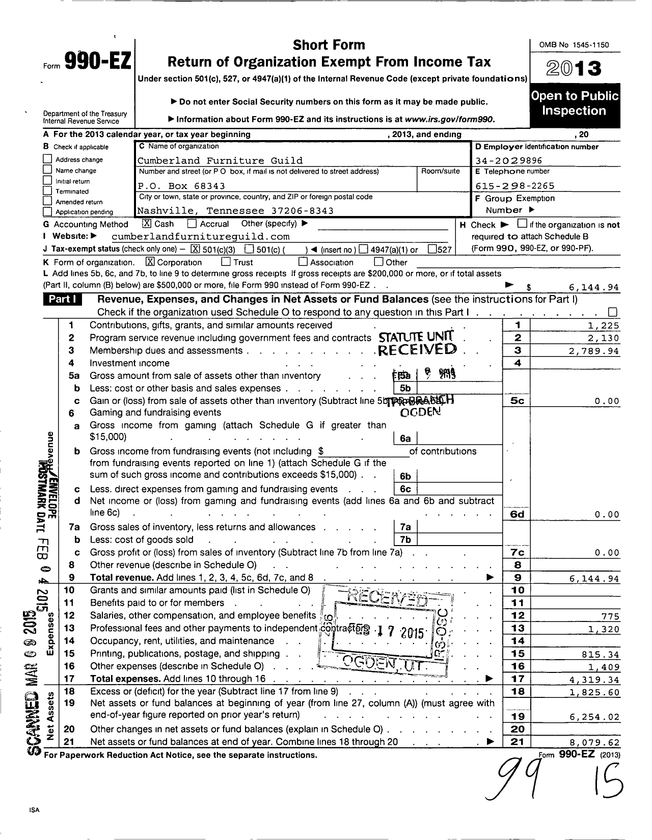 Image of first page of 2013 Form 990EZ for Cumberland Furniture Guild