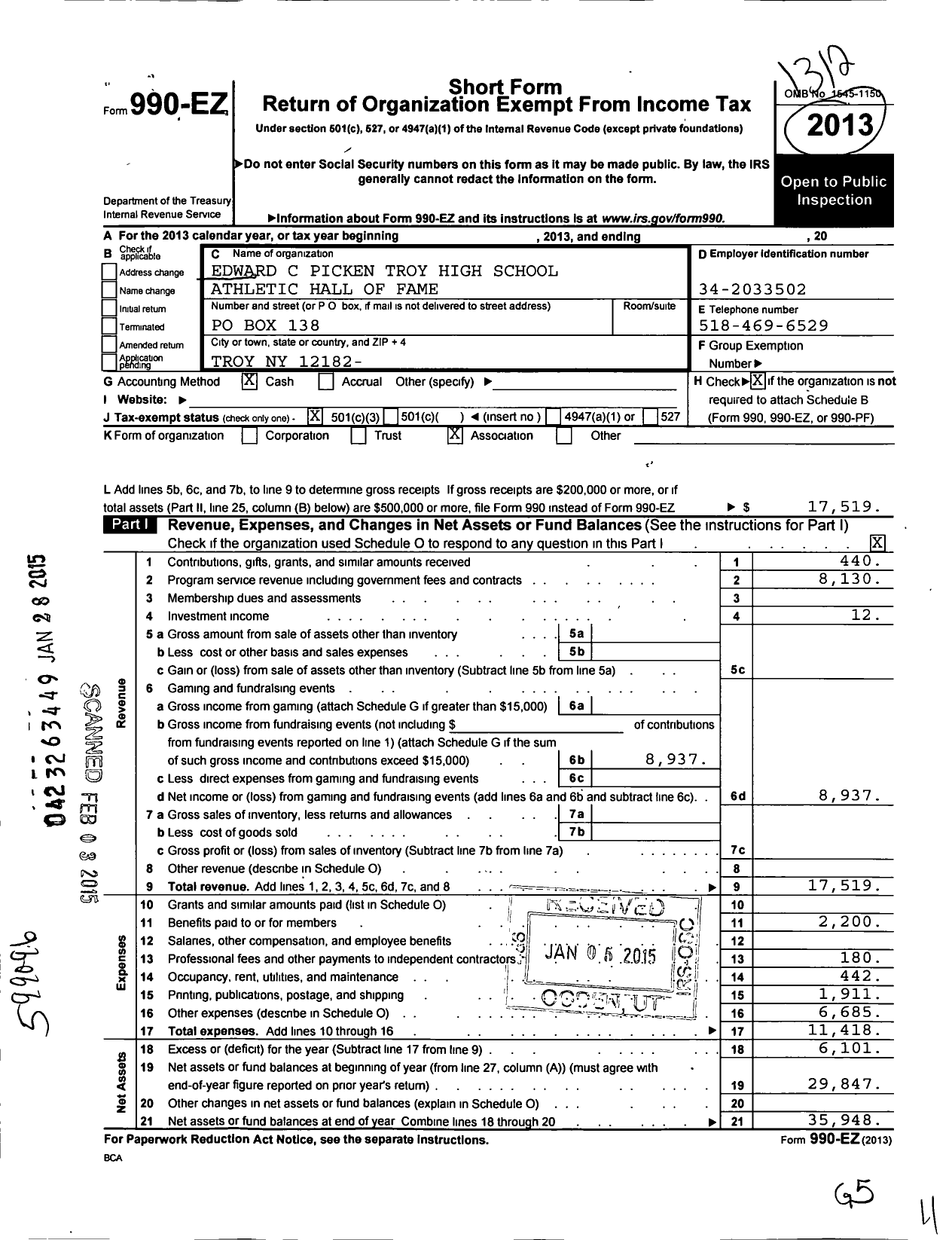 Image of first page of 2013 Form 990EZ for Edward C Picken Troy HS Athletic Hall of Fame Scholarship Fund