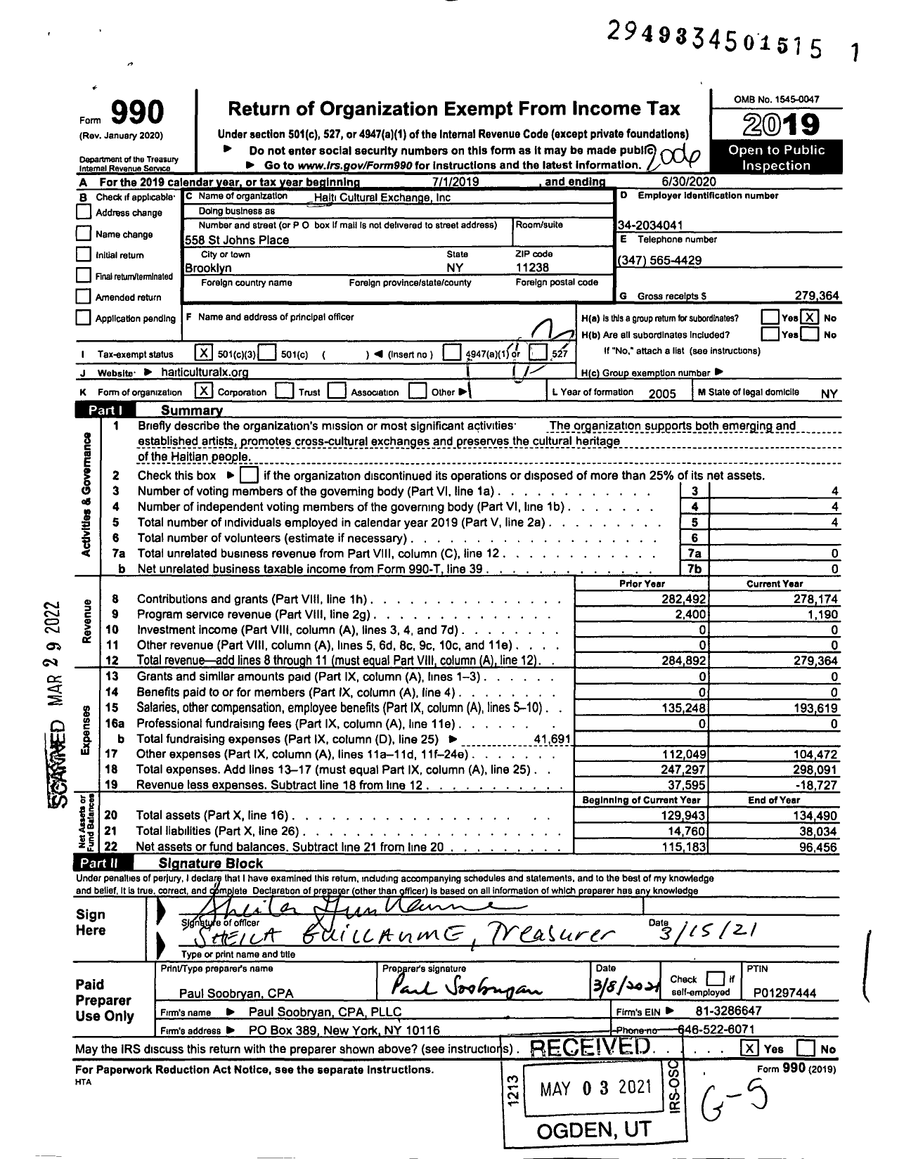 Image of first page of 2019 Form 990 for Haiti Cultural Exchange