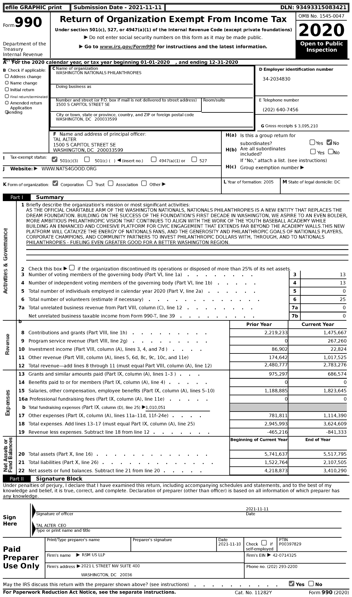 Image of first page of 2020 Form 990 for Washington Nationals Philanthropies