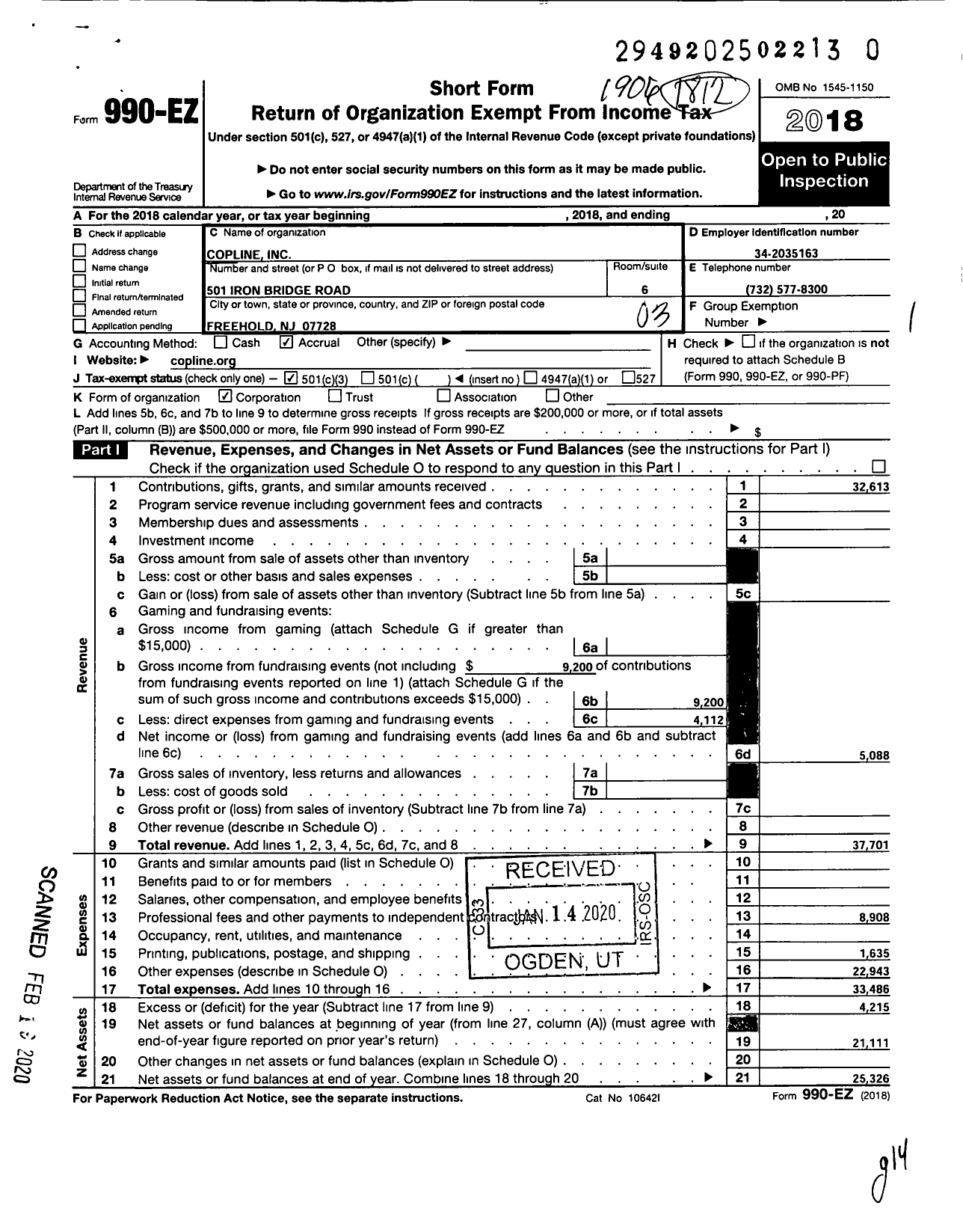 Image of first page of 2018 Form 990EZ for Copline