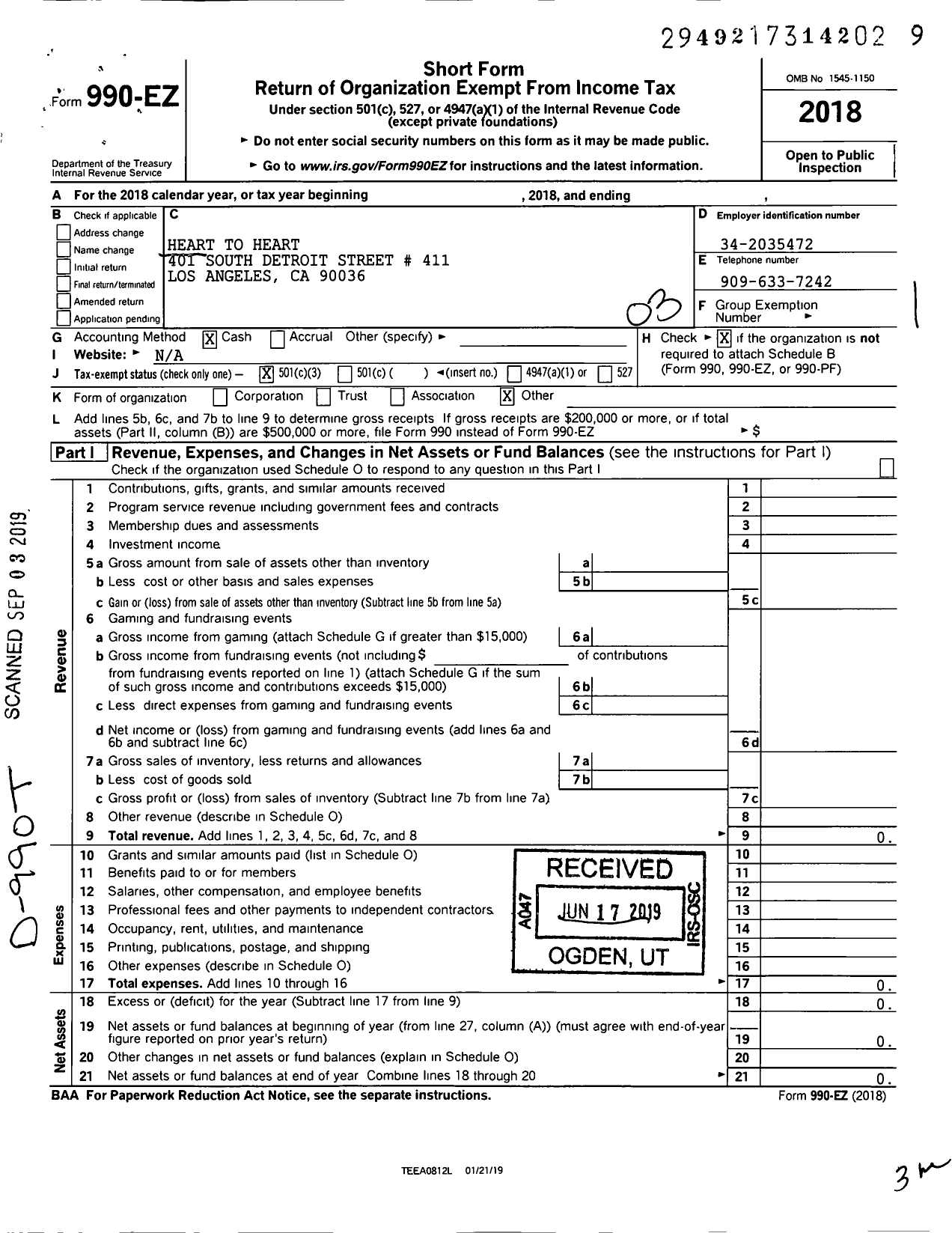 Image of first page of 2018 Form 990EZ for Heart to Heart Foundation