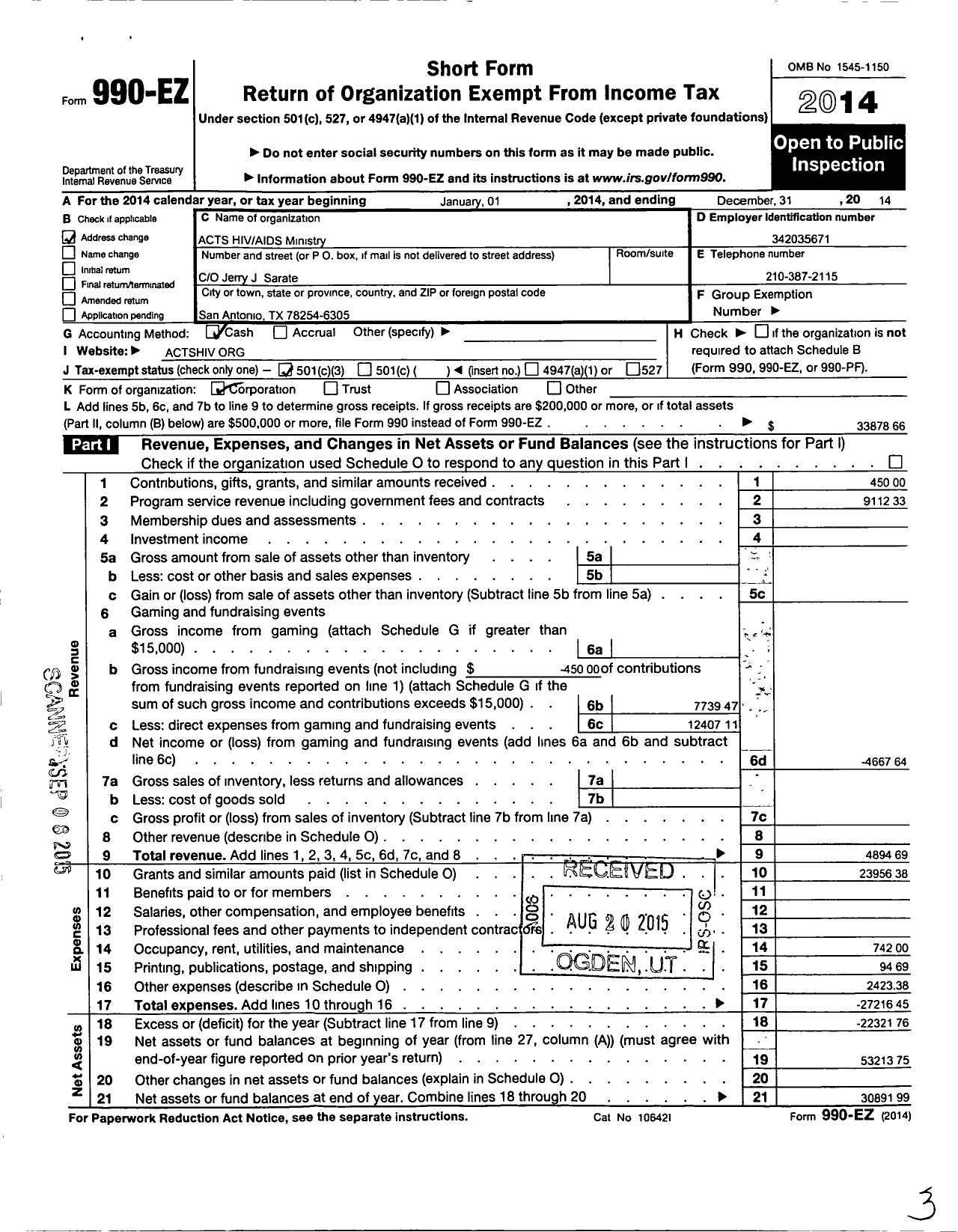 Image of first page of 2014 Form 990EZ for Acts Hiv-Aids Ministry