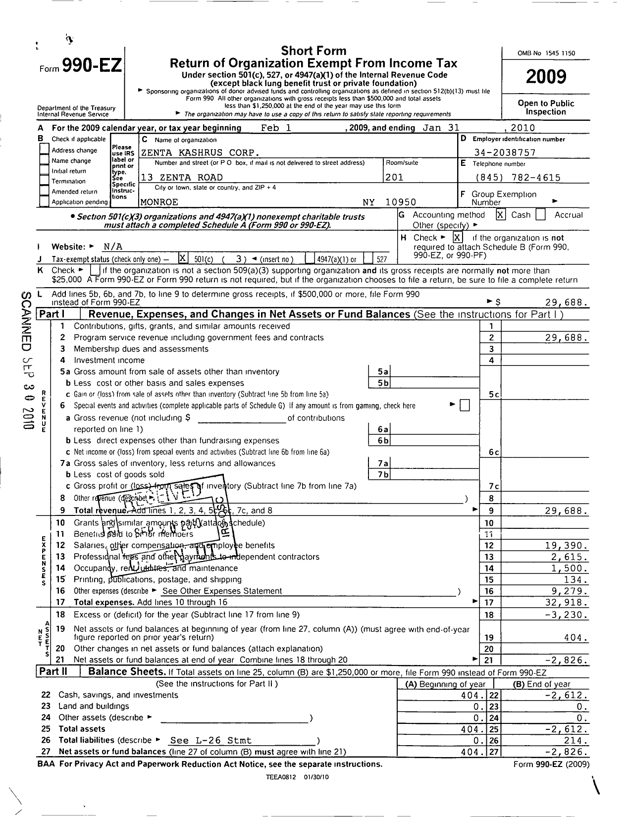 Image of first page of 2009 Form 990EZ for Zenta Kashrus Corporation