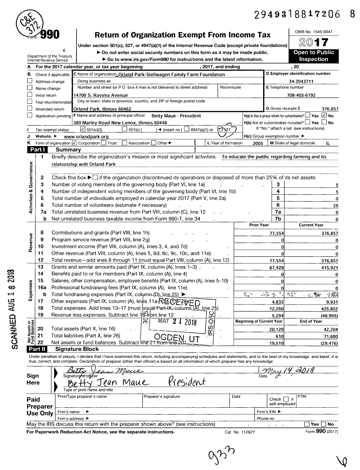 Image of first page of 2017 Form 990 for Orland Park-Stellwagen Family Farm Foundation