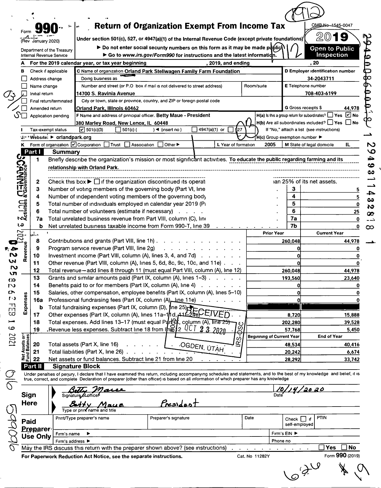 Image of first page of 2019 Form 990 for Orland Park-Stellwagen Family Farm Foundation