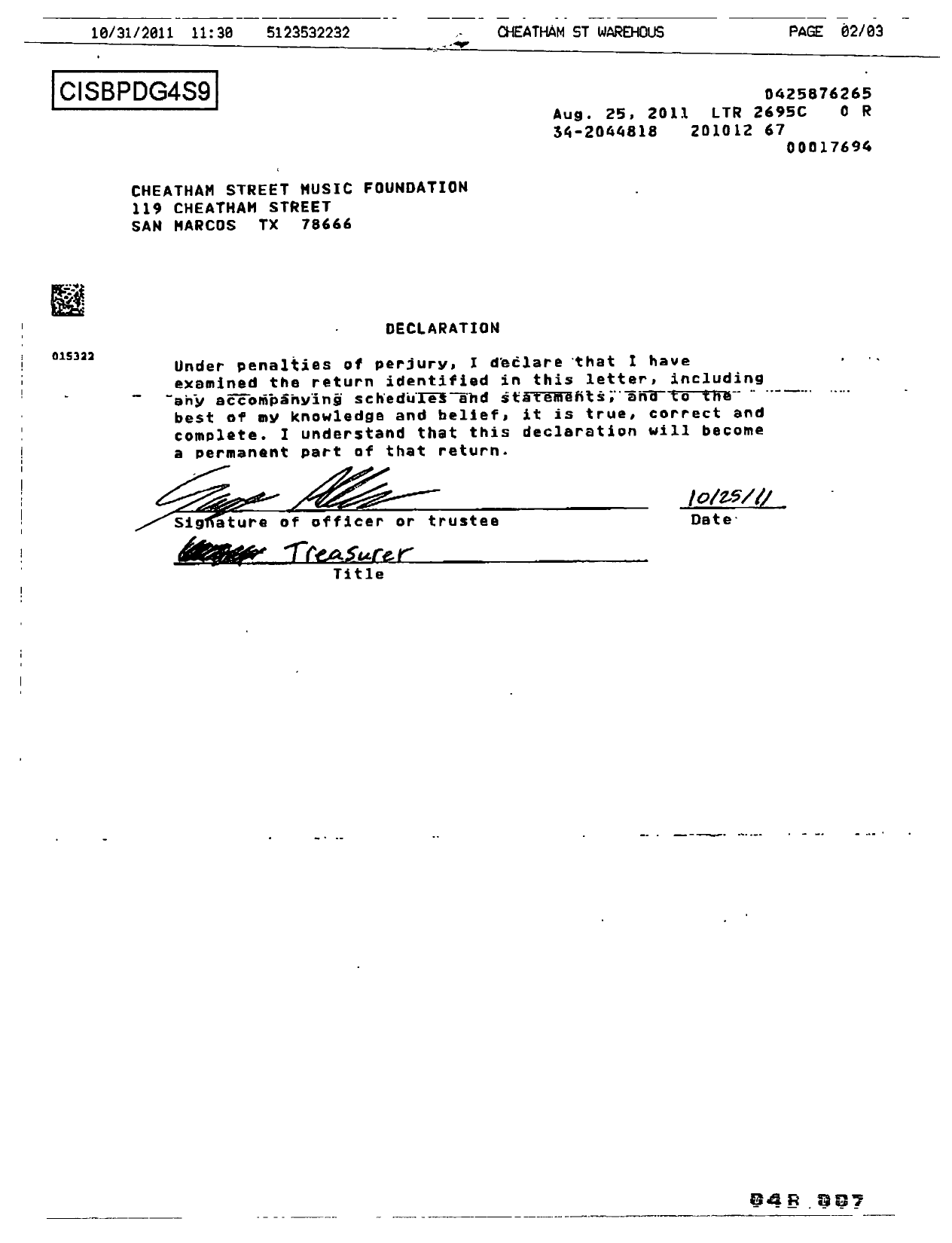 Image of first page of 2010 Form 990ER for Cheatham Street Music Foundation