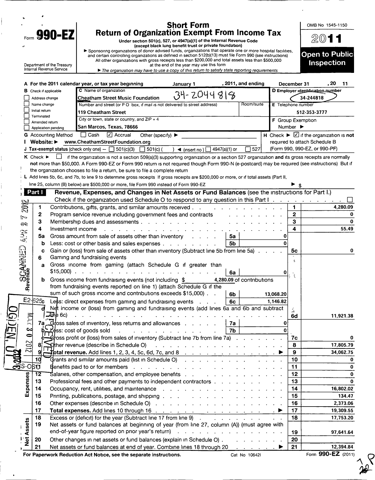 Image of first page of 2011 Form 990EO for Cheatham Street Music Foundation