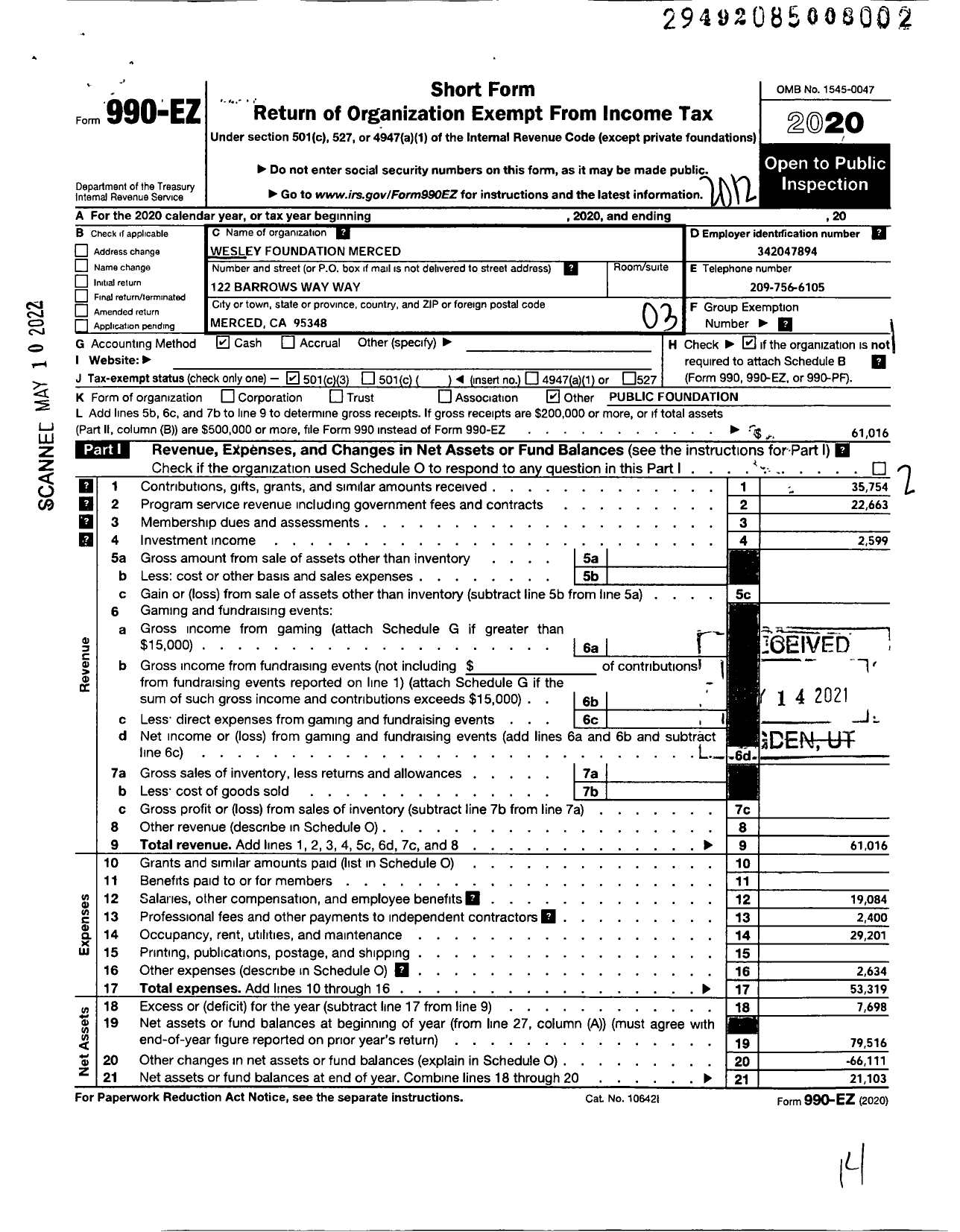 Image of first page of 2020 Form 990EZ for Wesley Foundation Merced