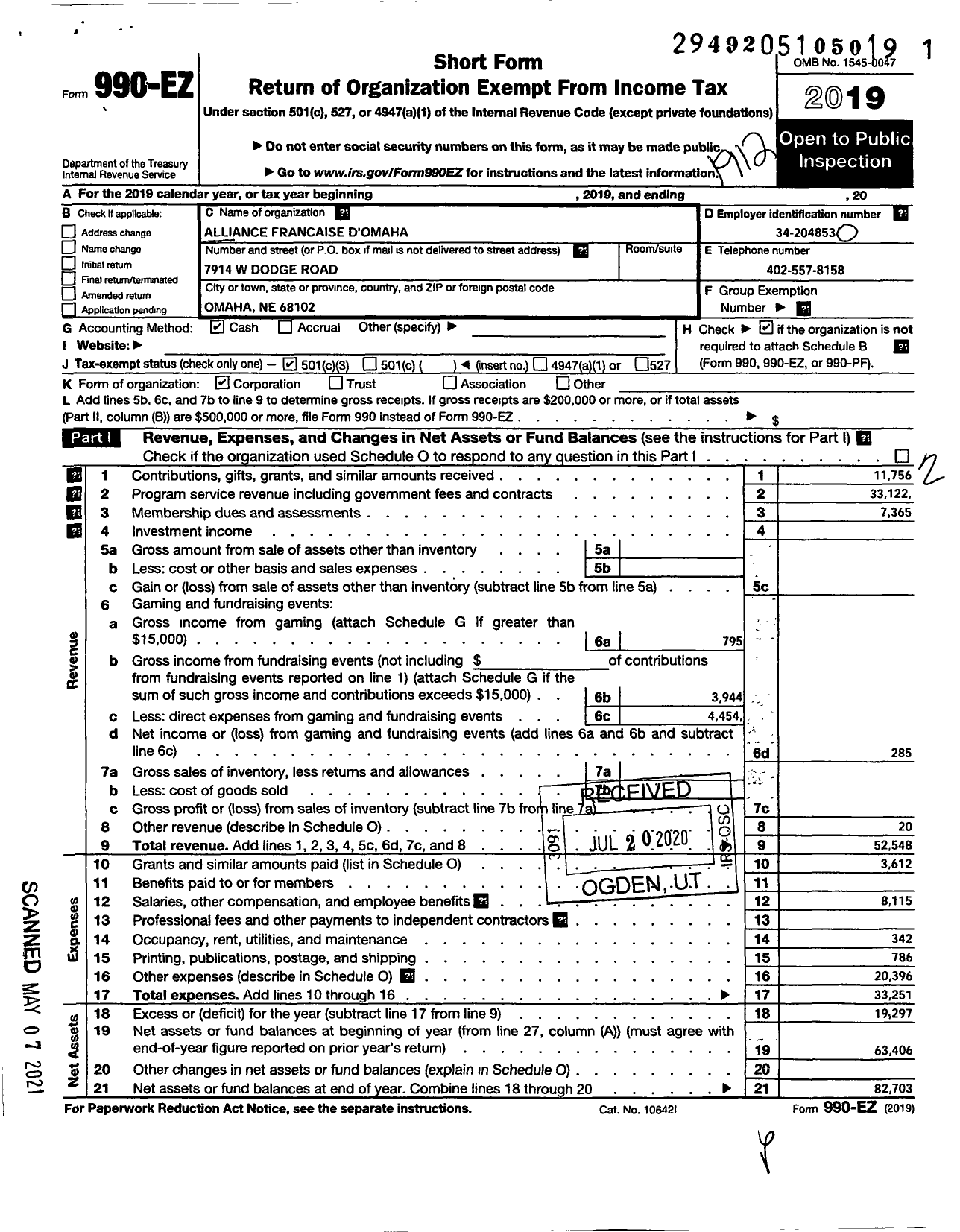 Image of first page of 2019 Form 990EZ for Alliance Francaise Omaha