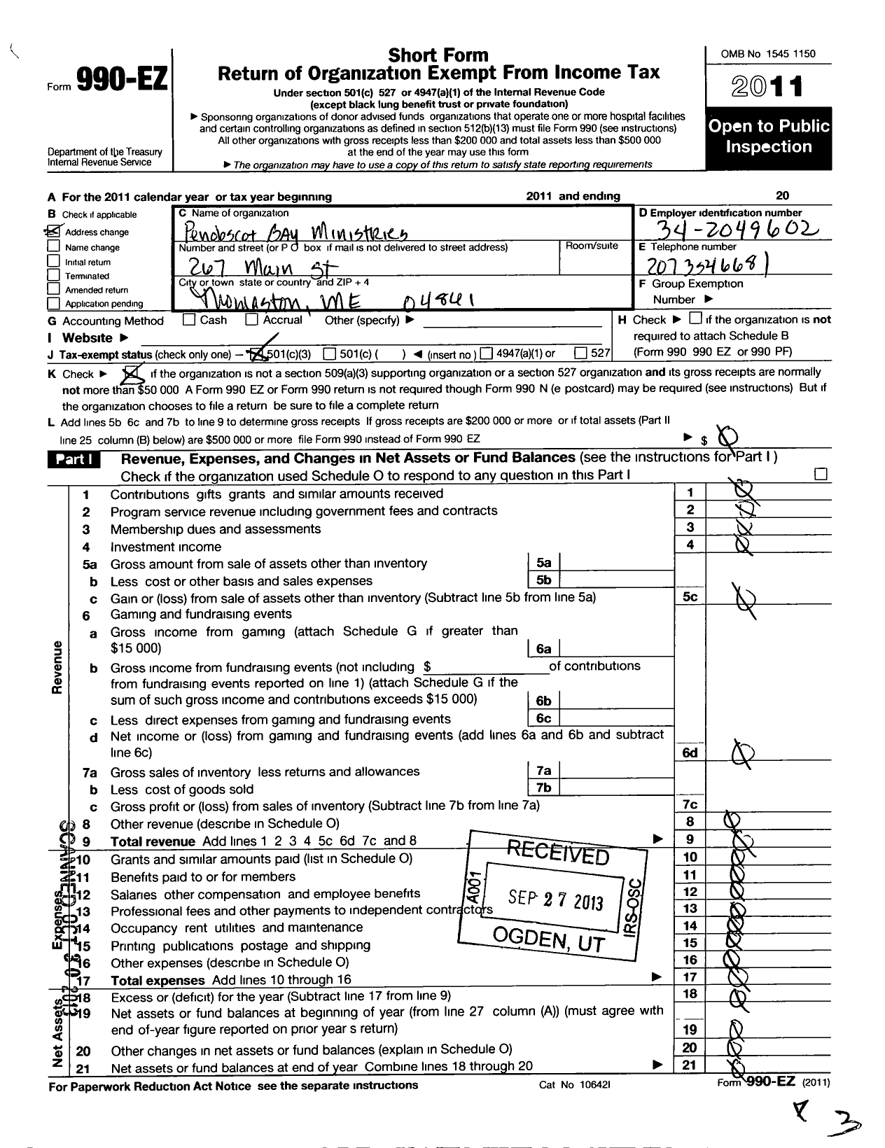 Image of first page of 2011 Form 990EZ for Penobscot Bay Ministries