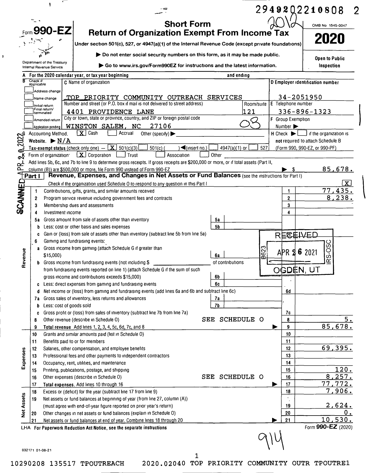 Image of first page of 2020 Form 990EZ for Top Priority Community Outreach Services