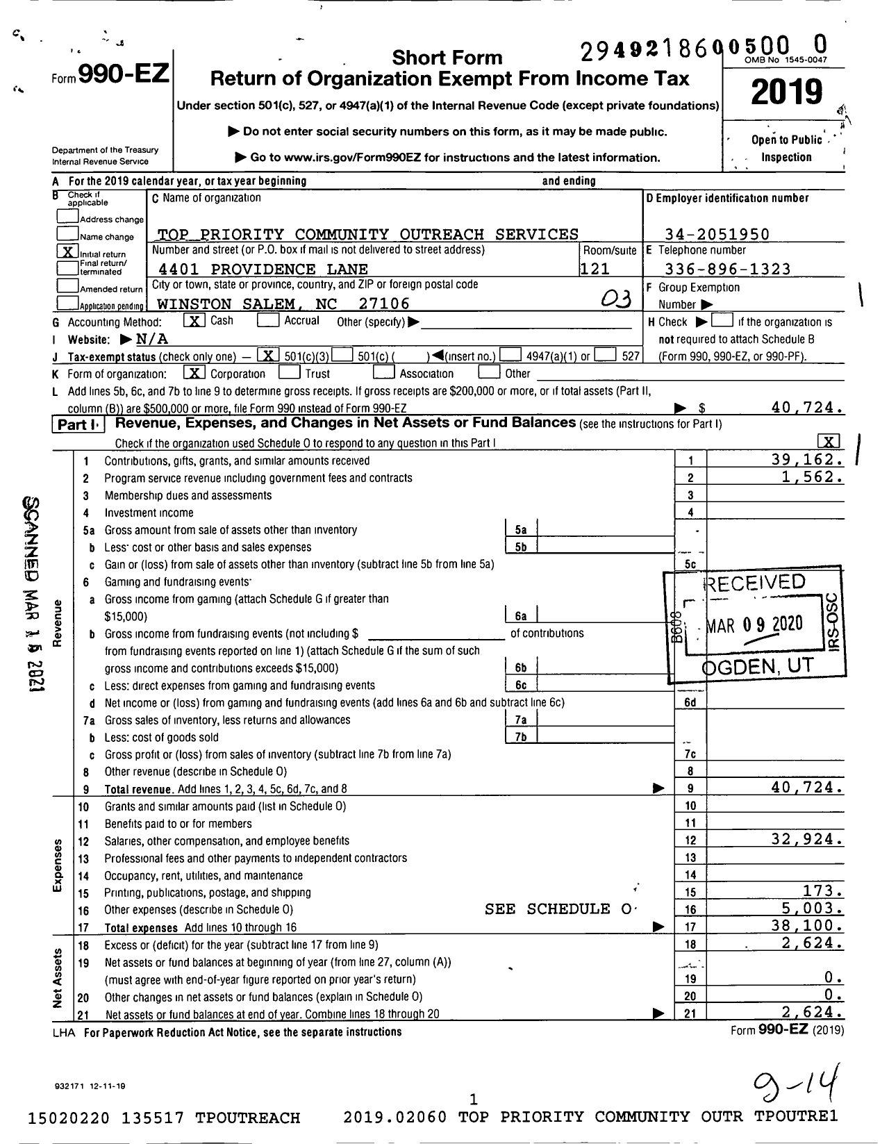 Image of first page of 2019 Form 990EZ for Top Priority Community Outreach Services