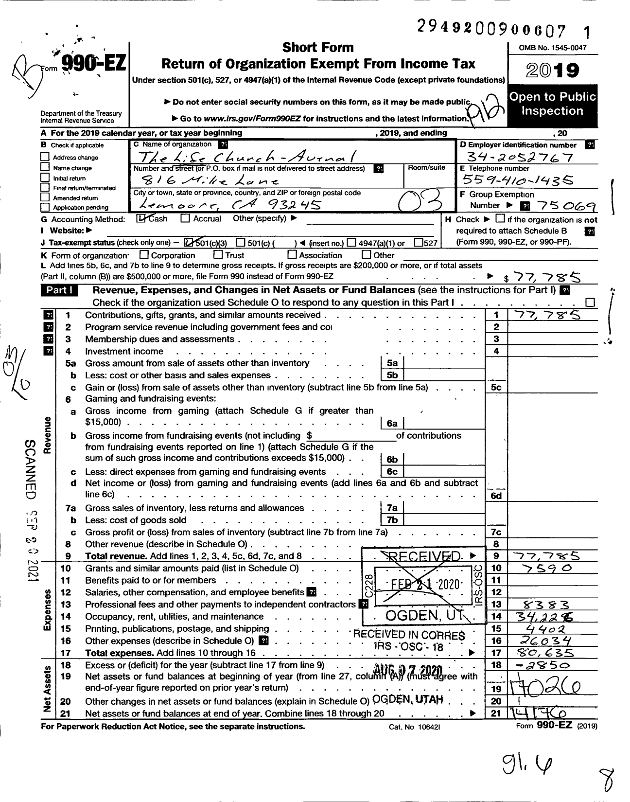 Image of first page of 2019 Form 990EZ for Life Church Avenal