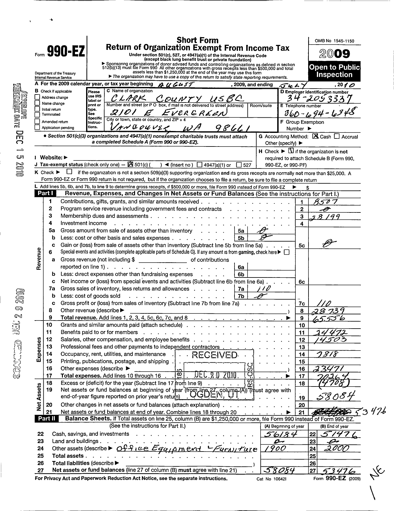 Image of first page of 2009 Form 990EO for United States Bowling Congress - 80306 Clark County Usbc