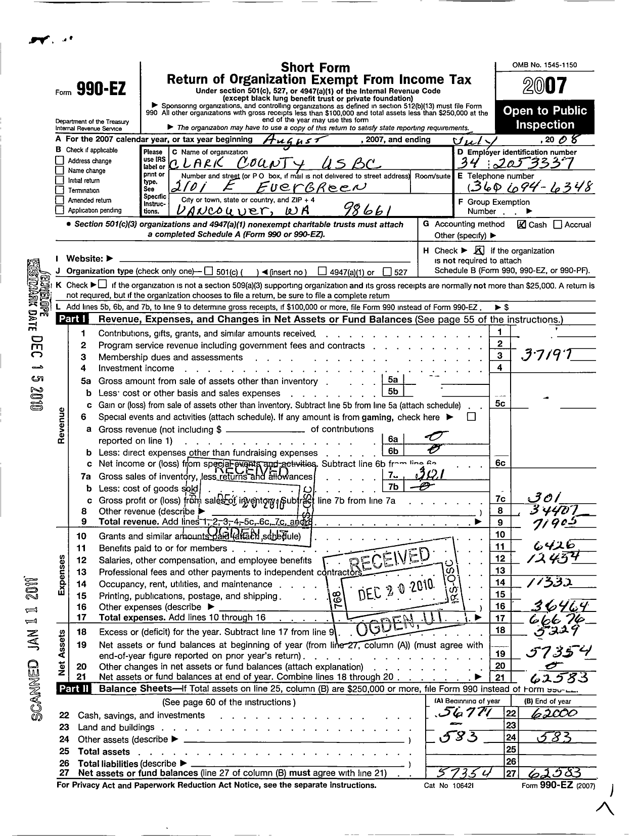 Image of first page of 2007 Form 990EO for United States Bowling Congress - 80306 Clark County Usbc