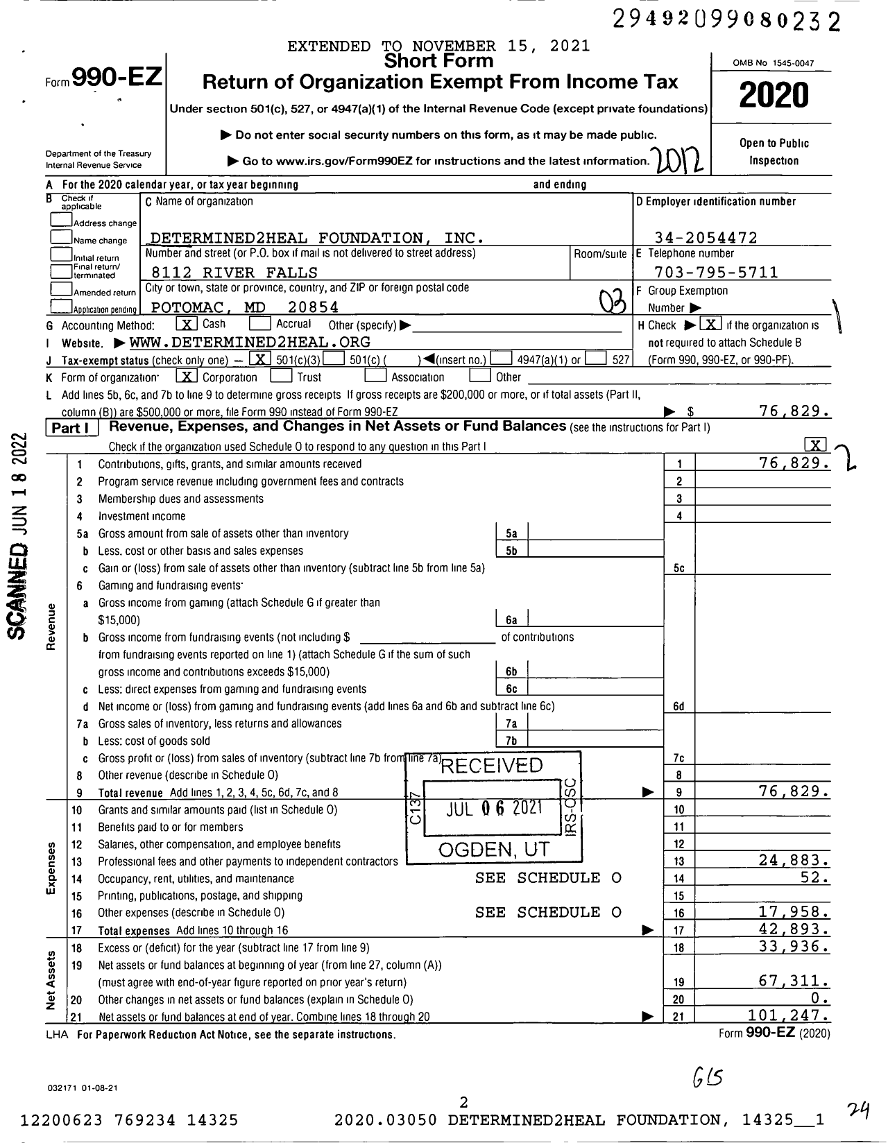 Image of first page of 2020 Form 990EZ for Determined2heal Foundation