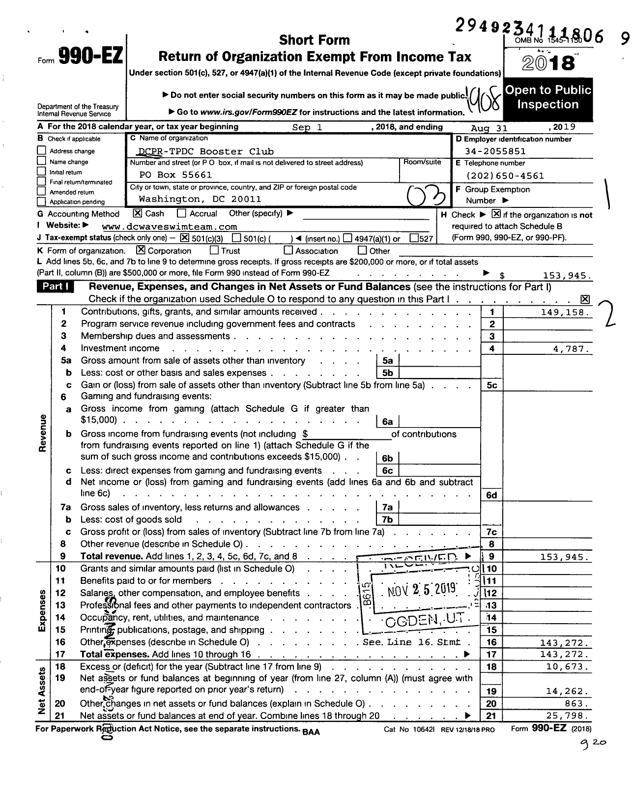 Image of first page of 2018 Form 990EZ for DCPR-TPDC Booster Club