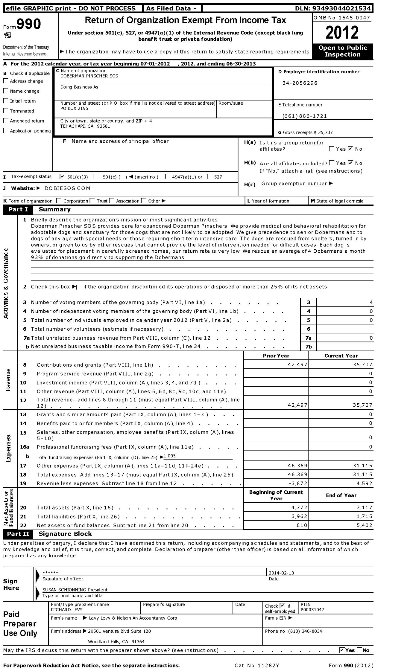 Image of first page of 2012 Form 990 for Doberman Pinscher Sos