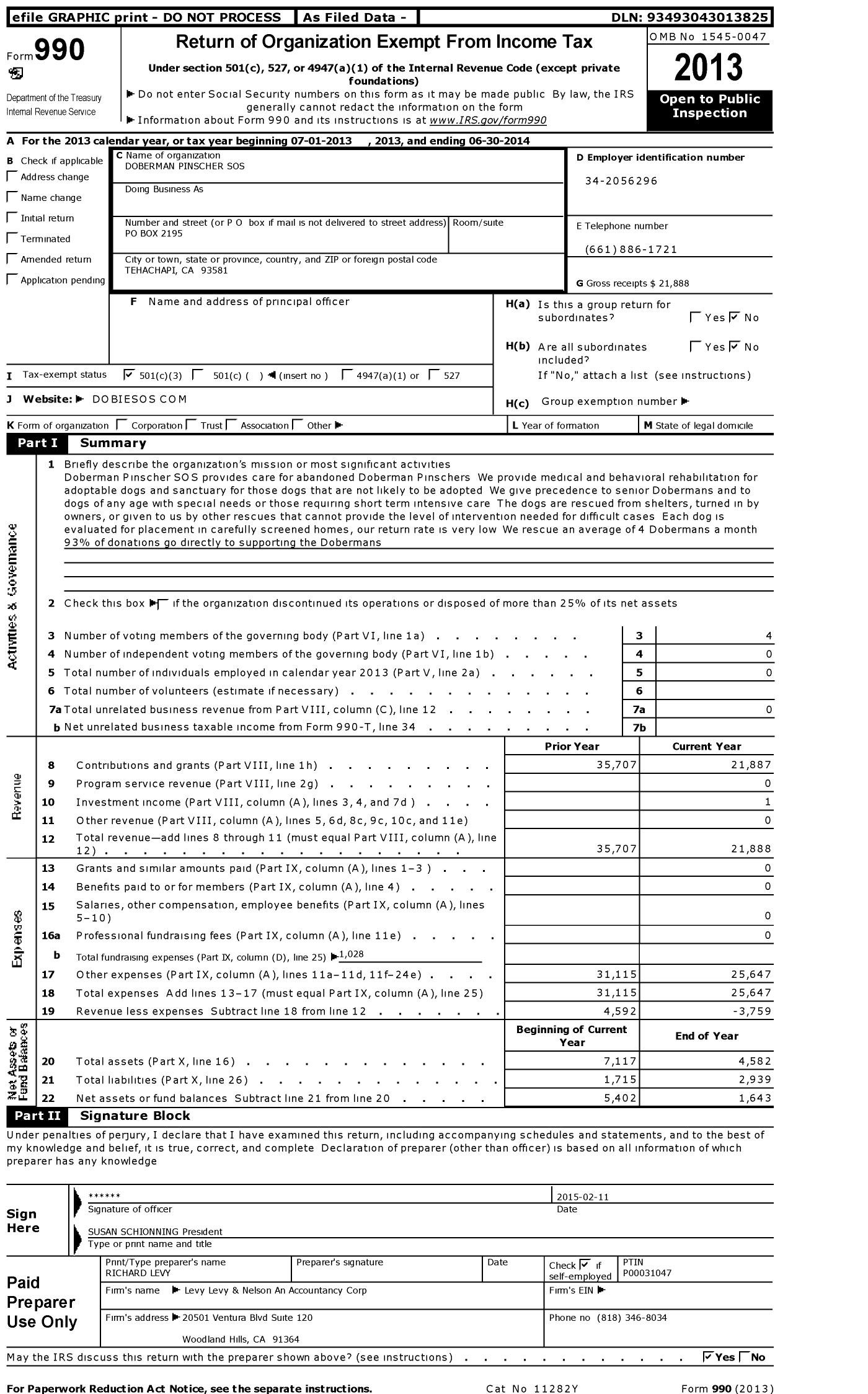 Image of first page of 2013 Form 990 for Doberman Pinscher Sos