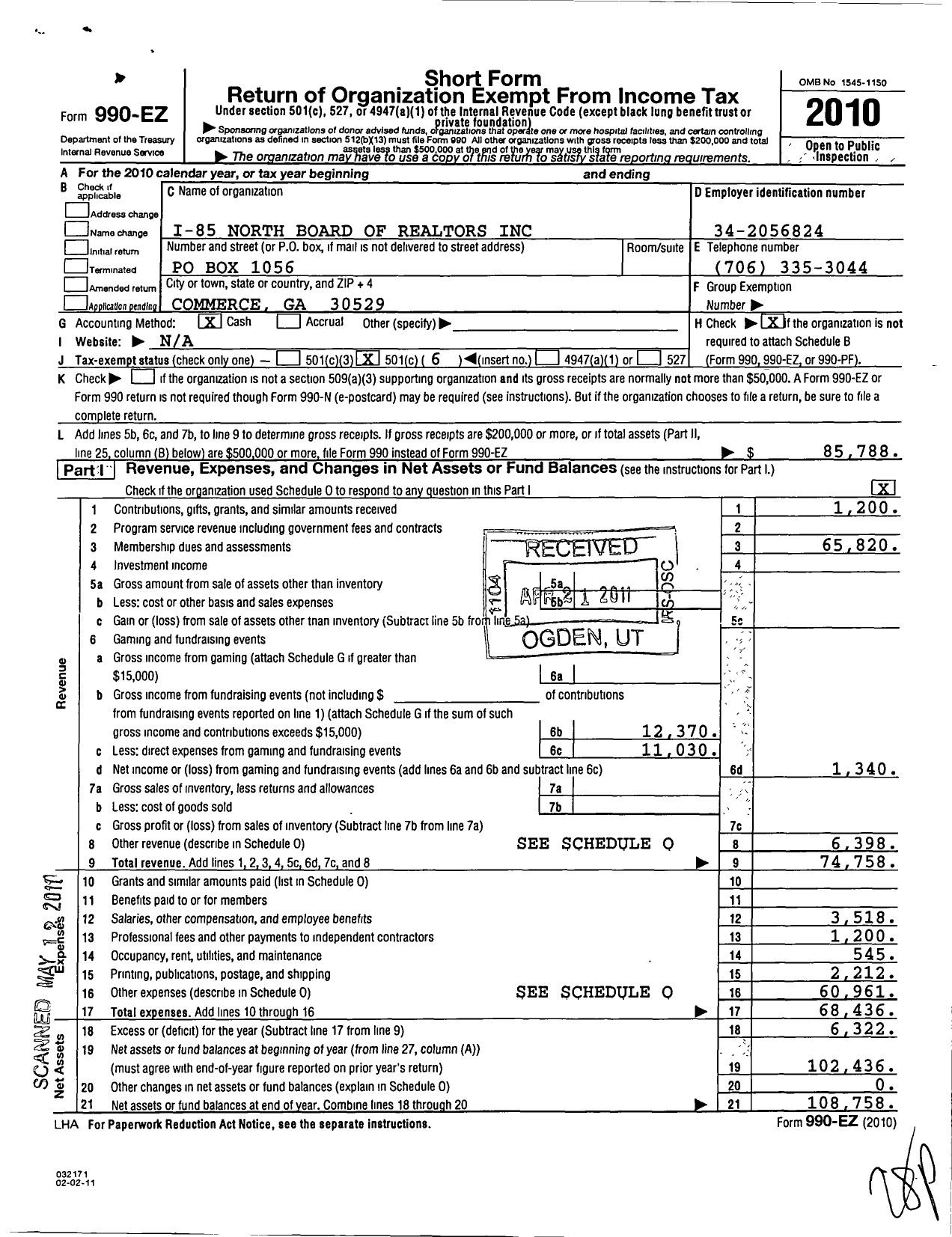 Image of first page of 2010 Form 990EO for I-85 North Board of Realtors