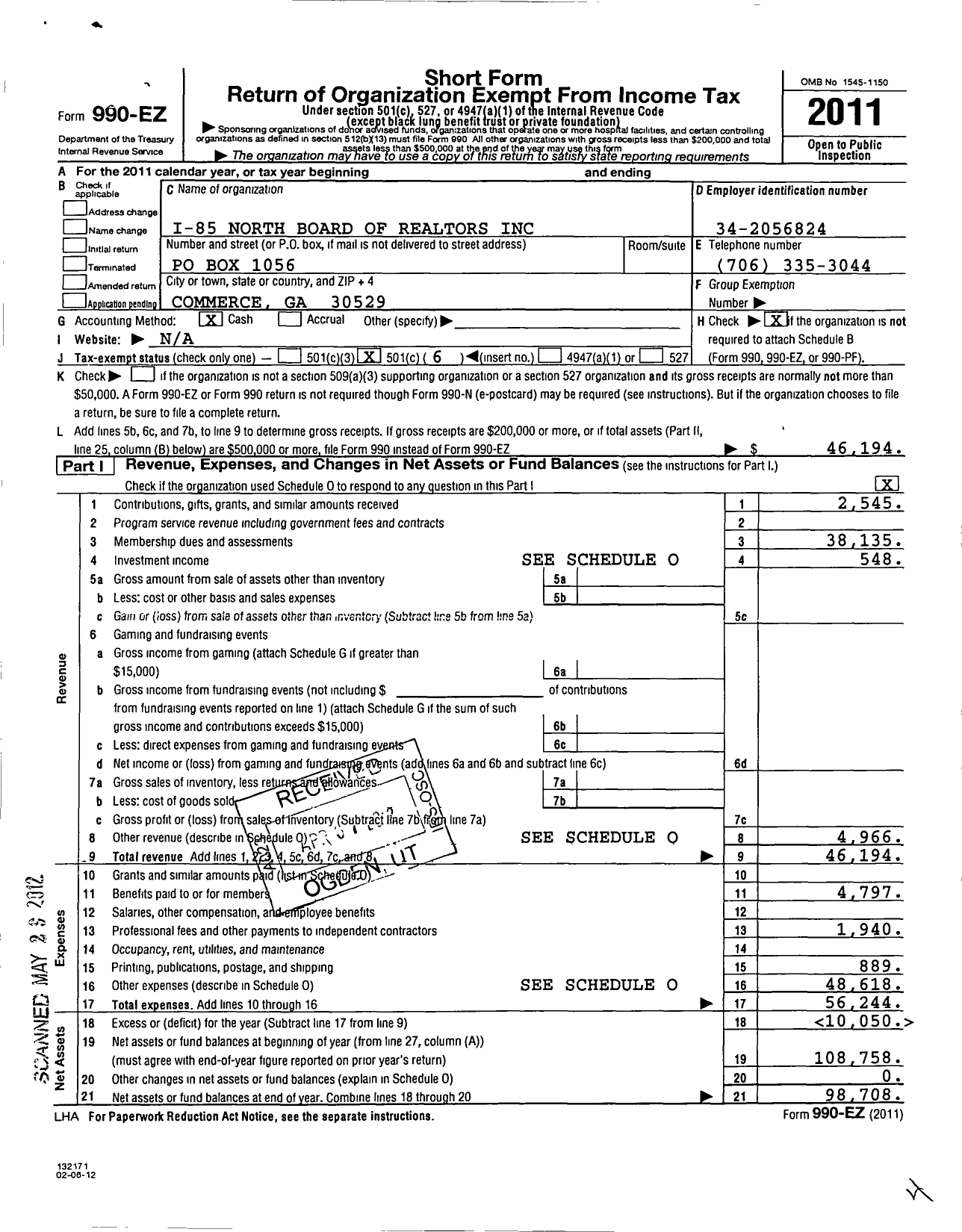 Image of first page of 2011 Form 990EO for I-85 North Board of Realtors