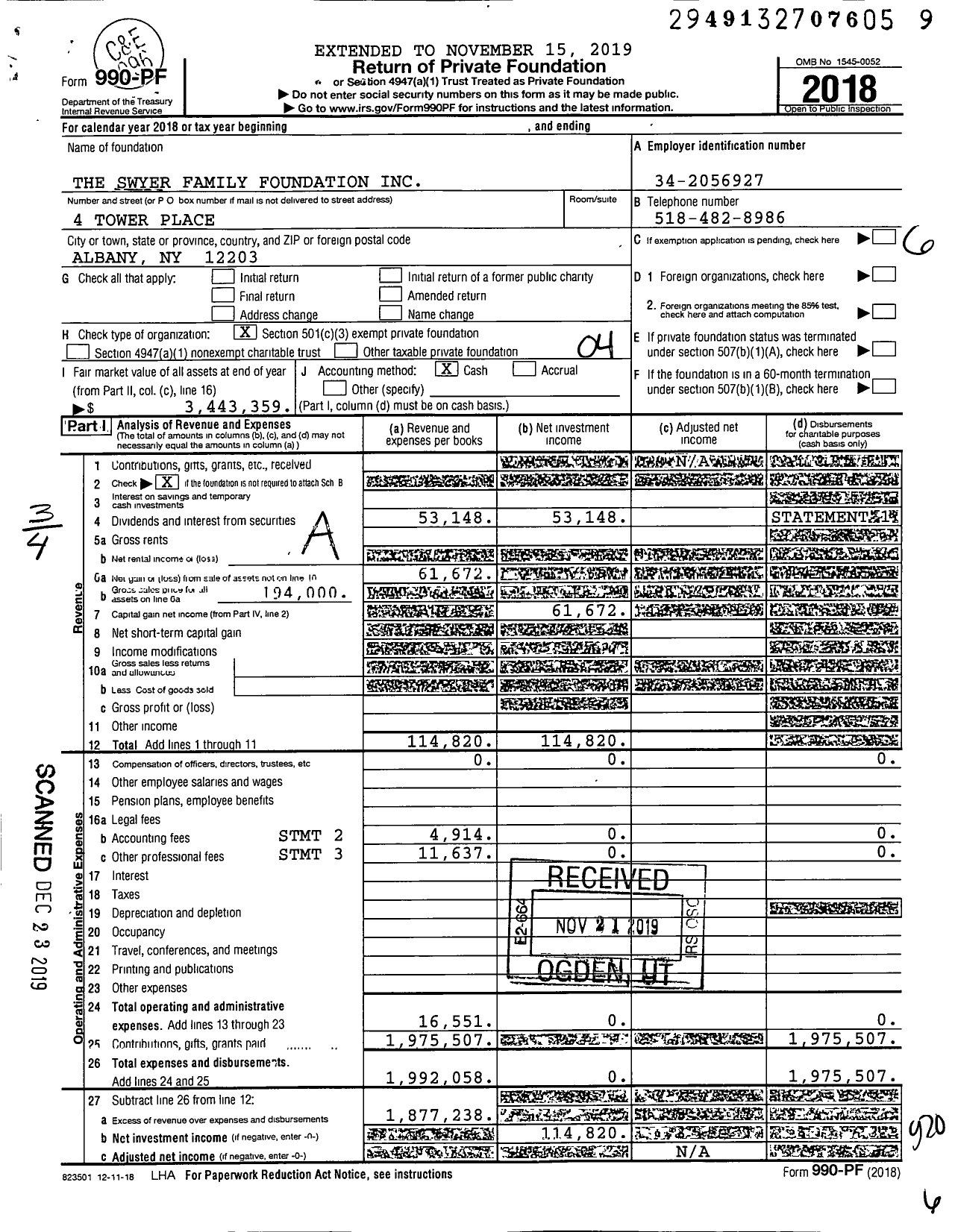 Image of first page of 2018 Form 990PF for The Swyer Family Foundation