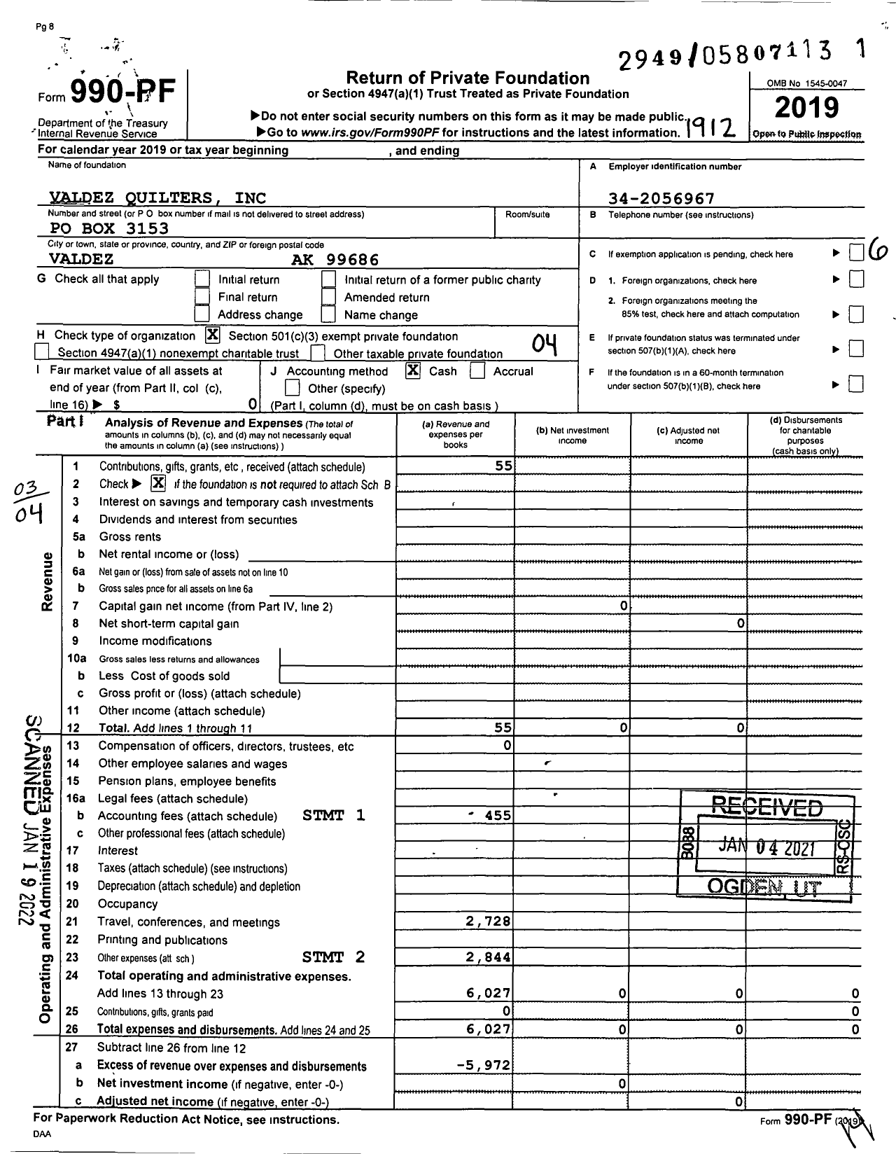 Image of first page of 2019 Form 990PF for Valdez Quilters