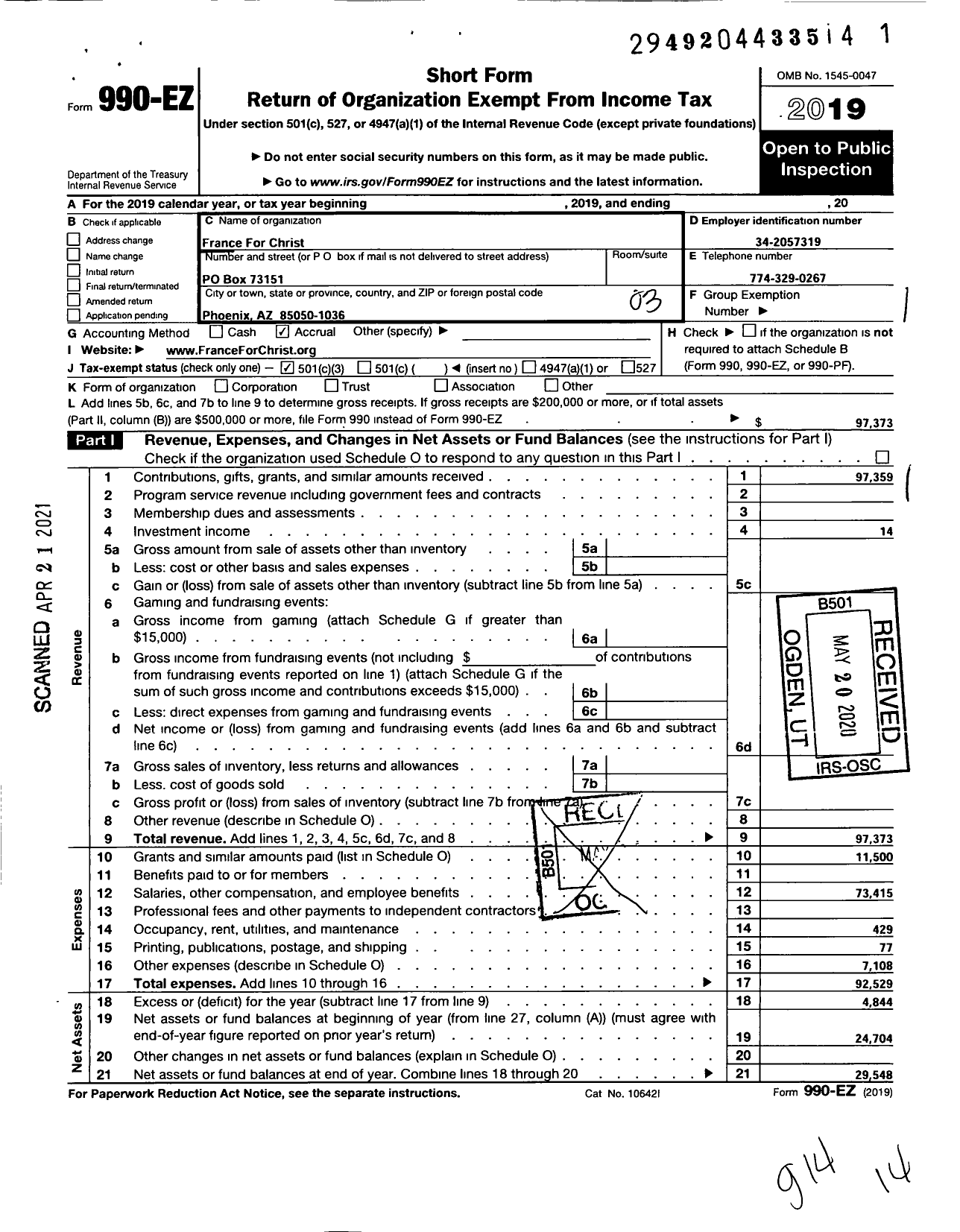 Image of first page of 2019 Form 990EZ for France for Christ