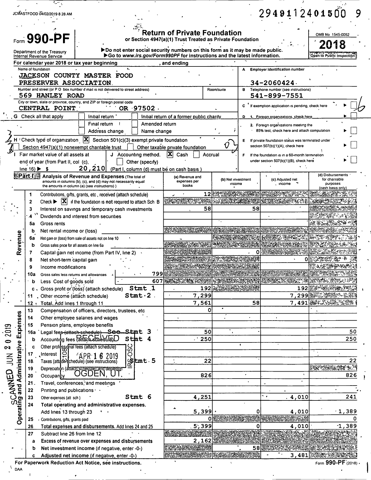 Image of first page of 2018 Form 990PF for Food Preservers Association of Jackson County