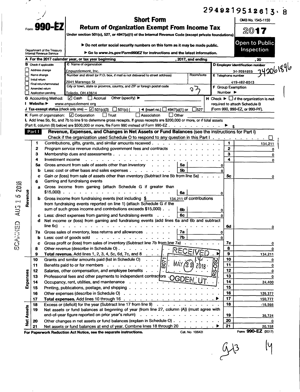 Image of first page of 2017 Form 990EZ for Enpuzzlement