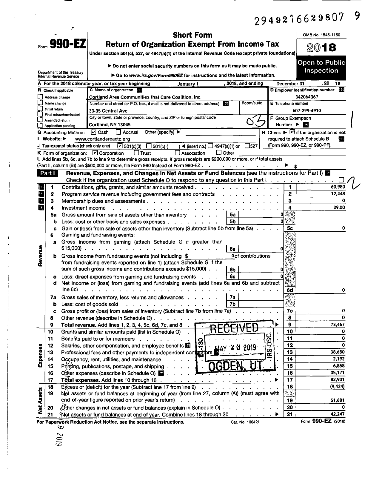 Image of first page of 2018 Form 990EZ for Cortland Area Communities That Care Coalition