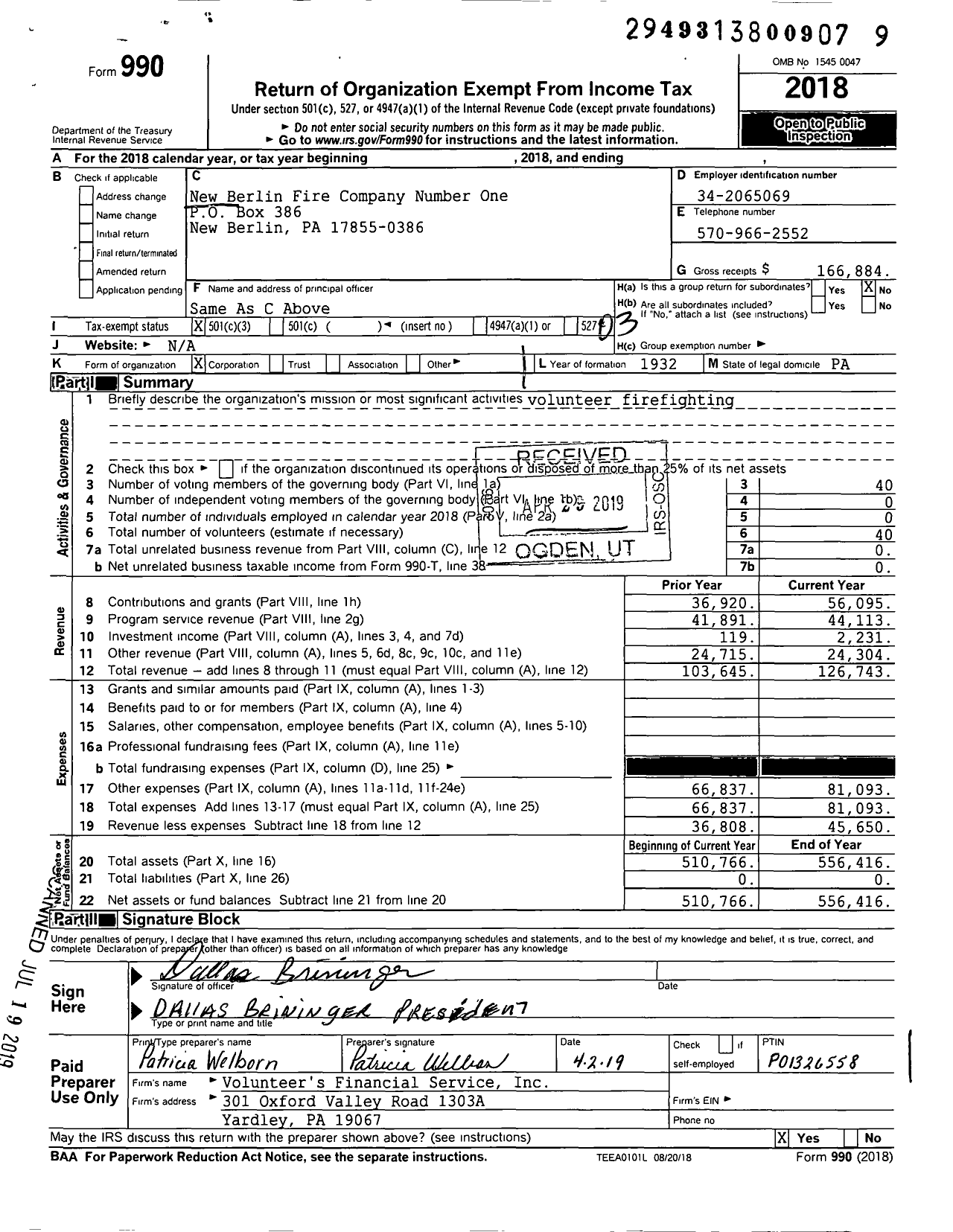 Image of first page of 2018 Form 990 for New Berlin Fire Company Number One