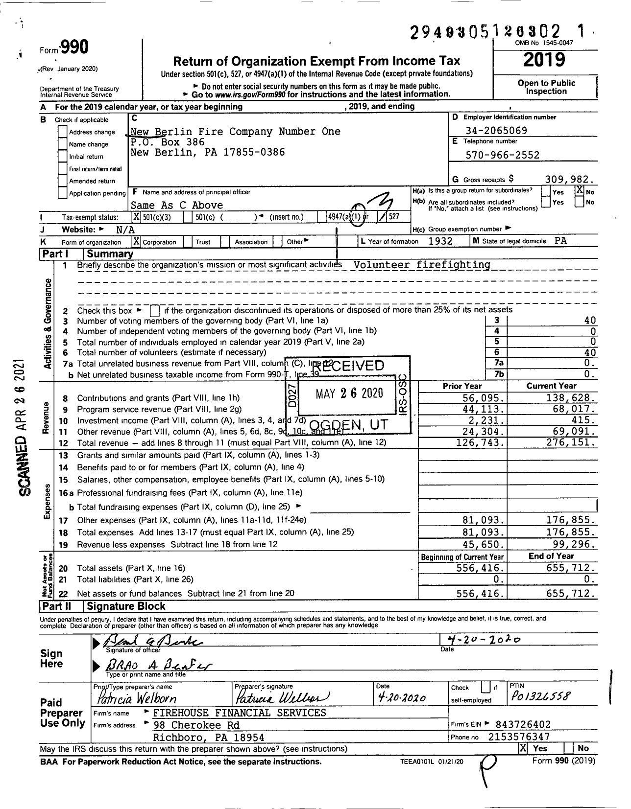 Image of first page of 2019 Form 990 for New Berlin Fire Company Number One