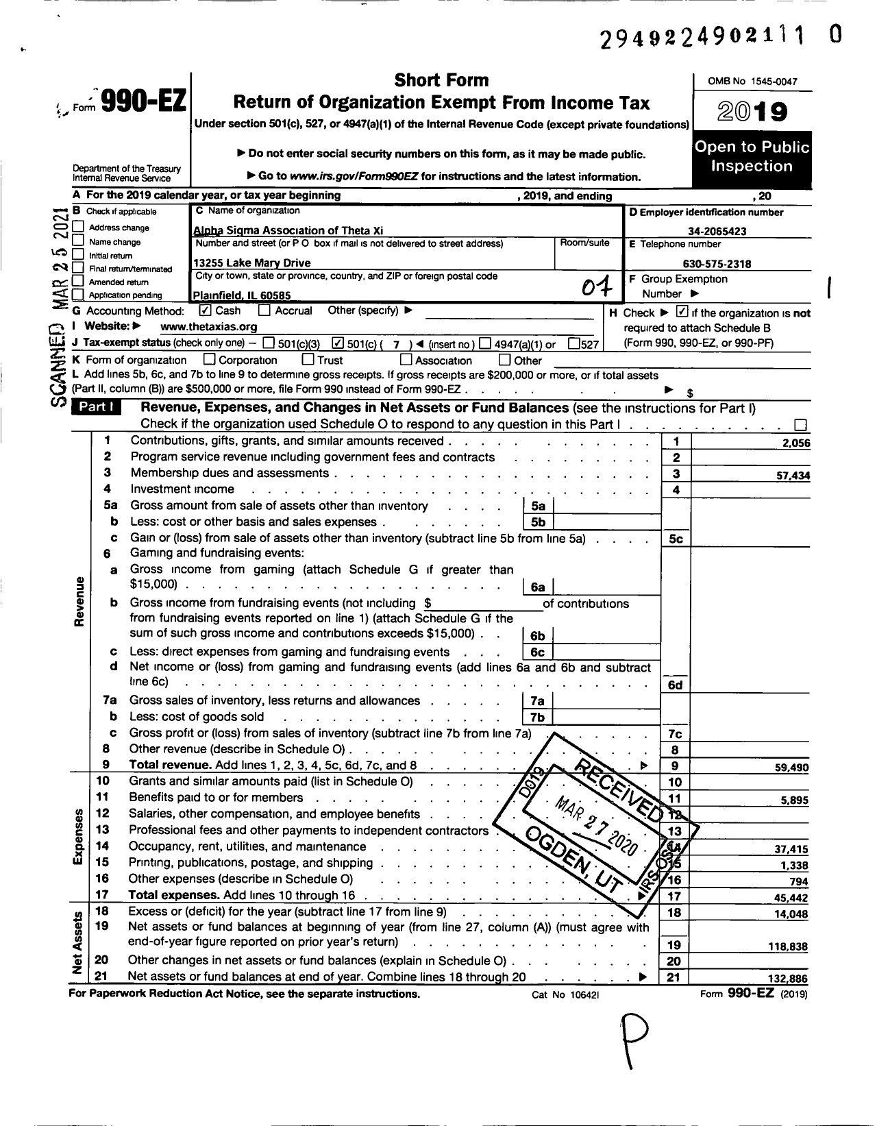 Image of first page of 2019 Form 990EO for Alpha Sigma Association of Theta Xi