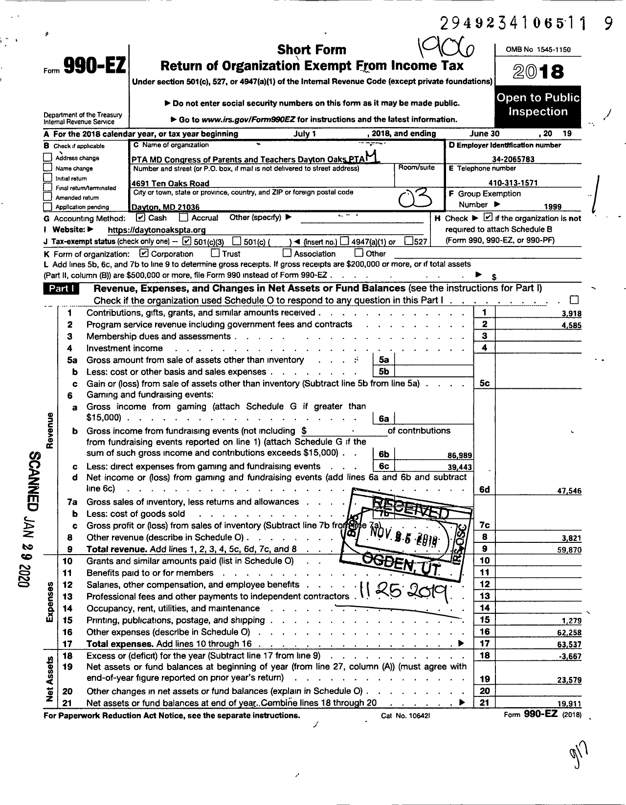 Image of first page of 2018 Form 990EZ for PTA Dayton Oaks MD Congress of Parents and Teachers