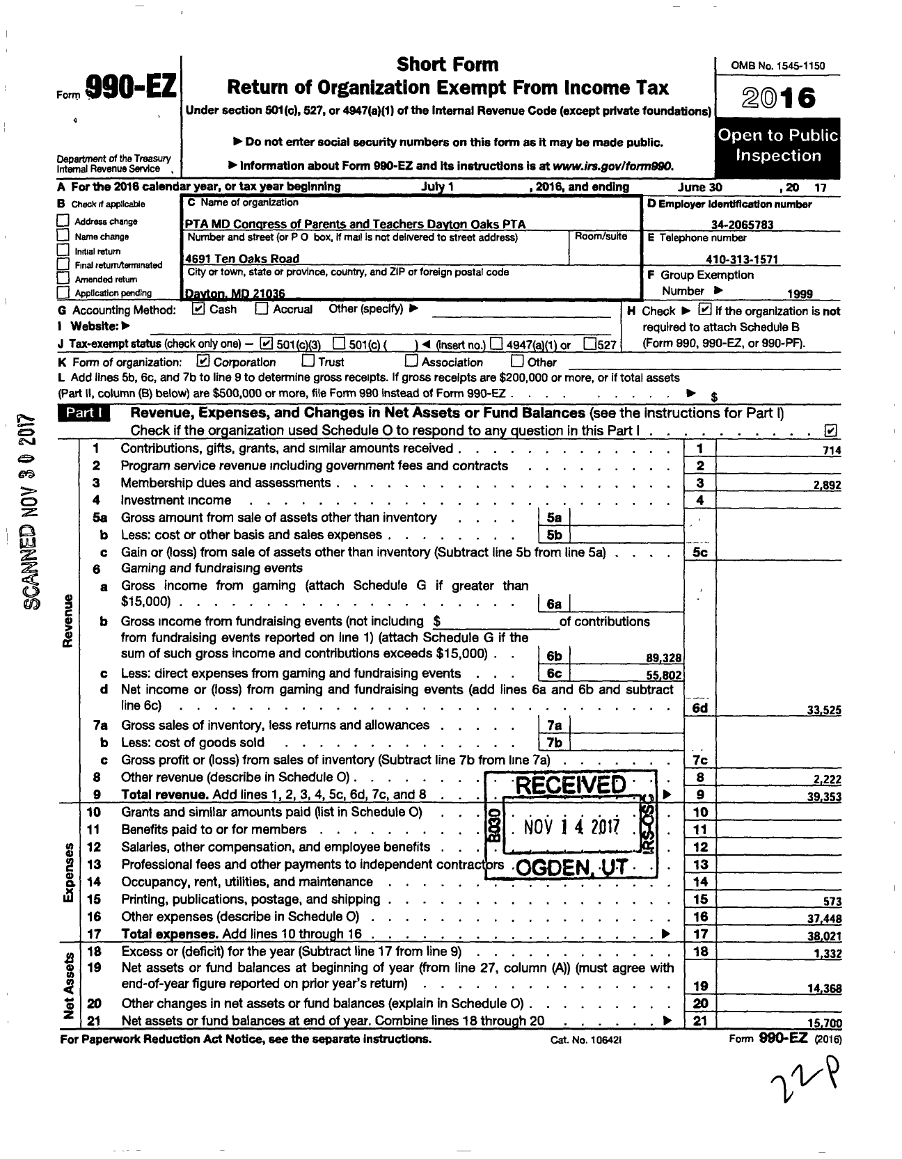 Image of first page of 2016 Form 990EZ for PTA Dayton Oaks MD Congress of Parents and Teachers