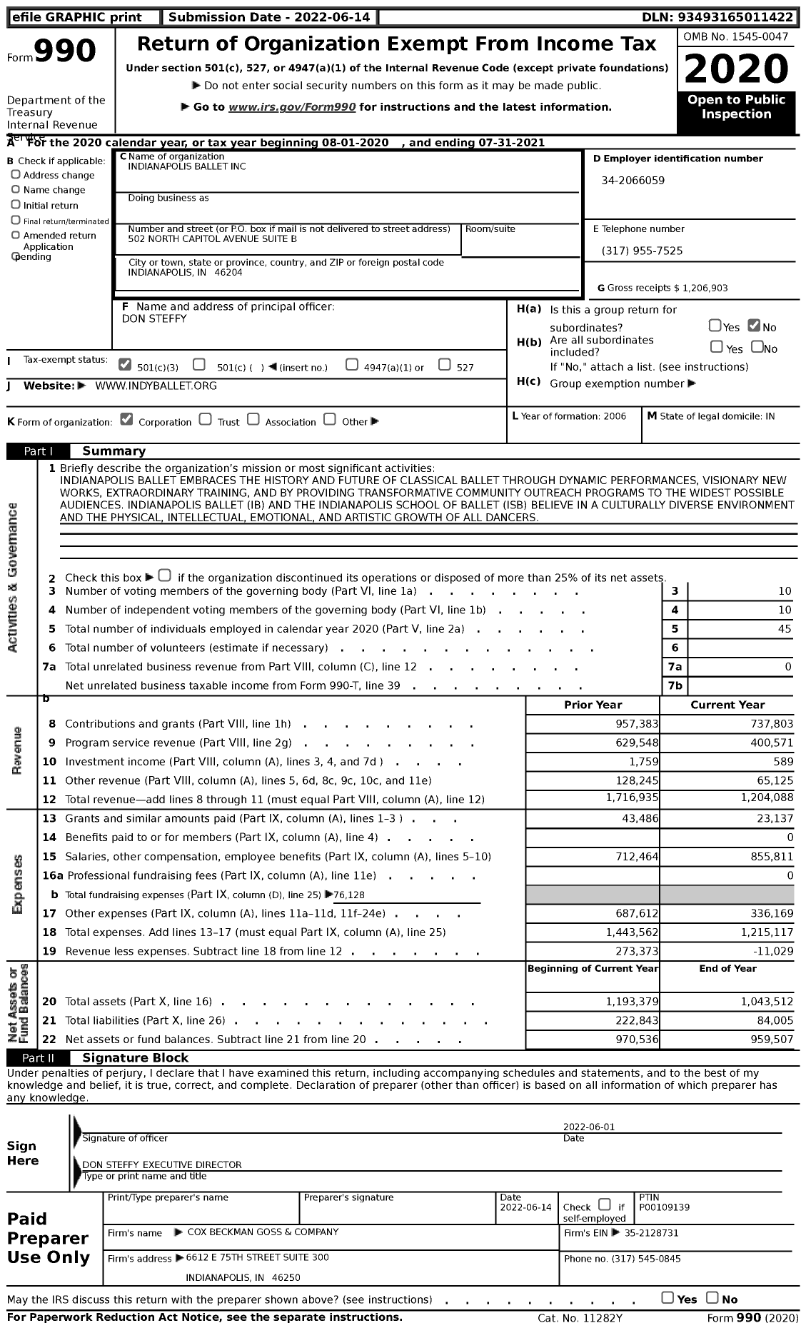 Image of first page of 2020 Form 990 for Indianapolis Ballet